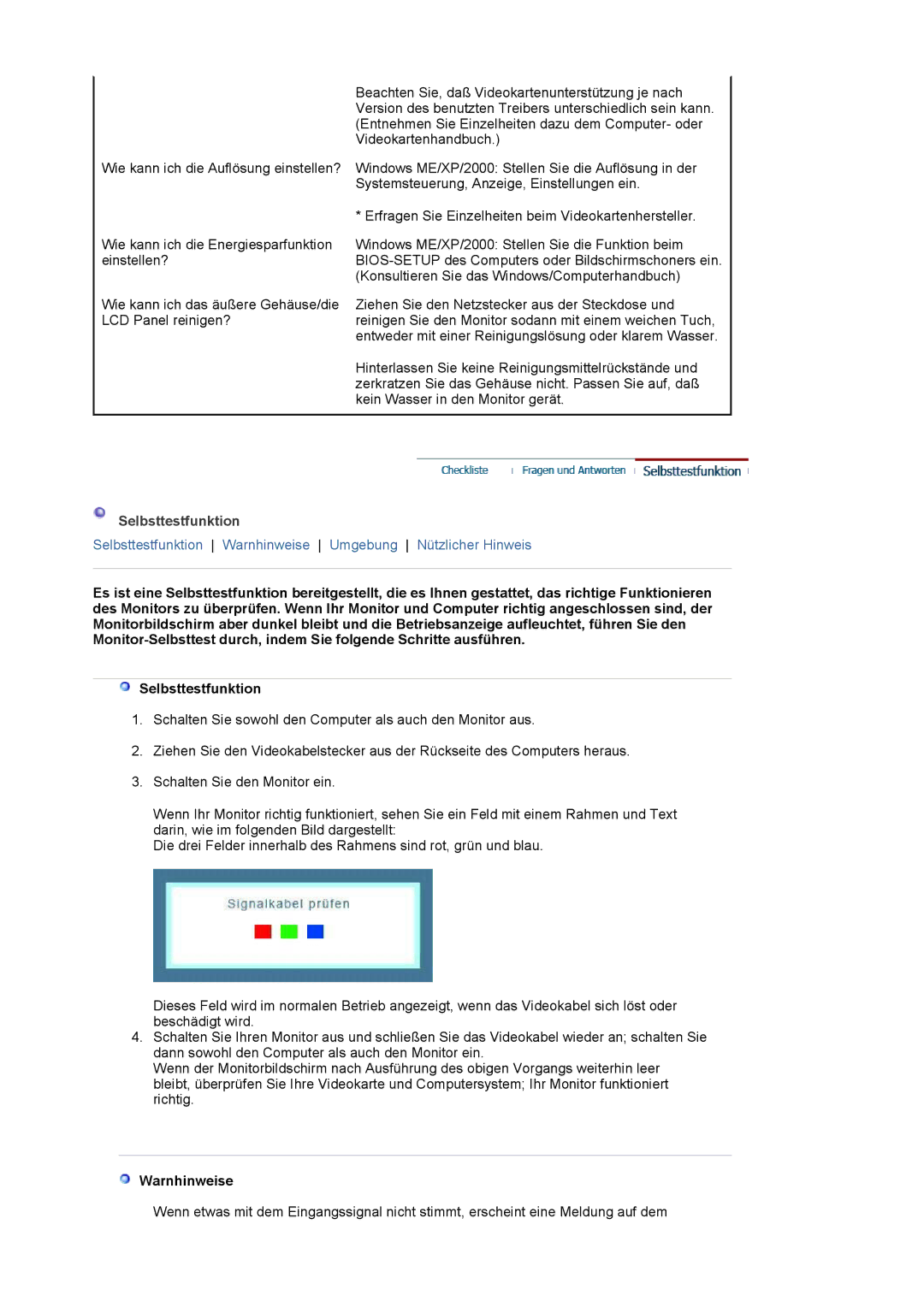 Samsung LS17MJLKS/EDC manual Selbsttestfunktion, Warnhinweise 