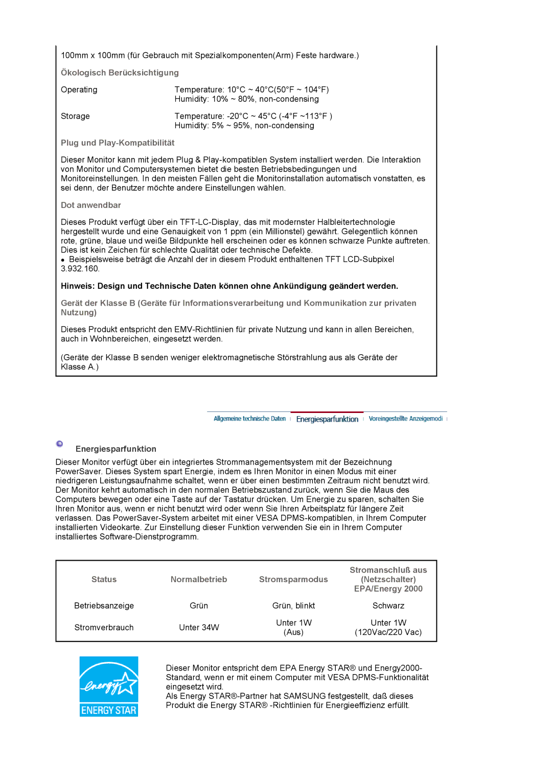 Samsung LS17MJLKS/EDC manual Ökologisch Berücksichtigung, Plug und Play-Kompatibilität, Dot anwendbar, Stromanschluß aus 