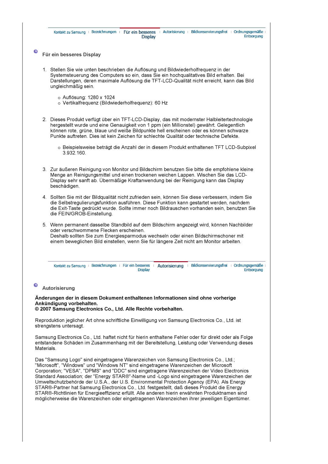 Samsung LS17MJLKS/EDC manual Für ein besseres Display, Autorisierung 