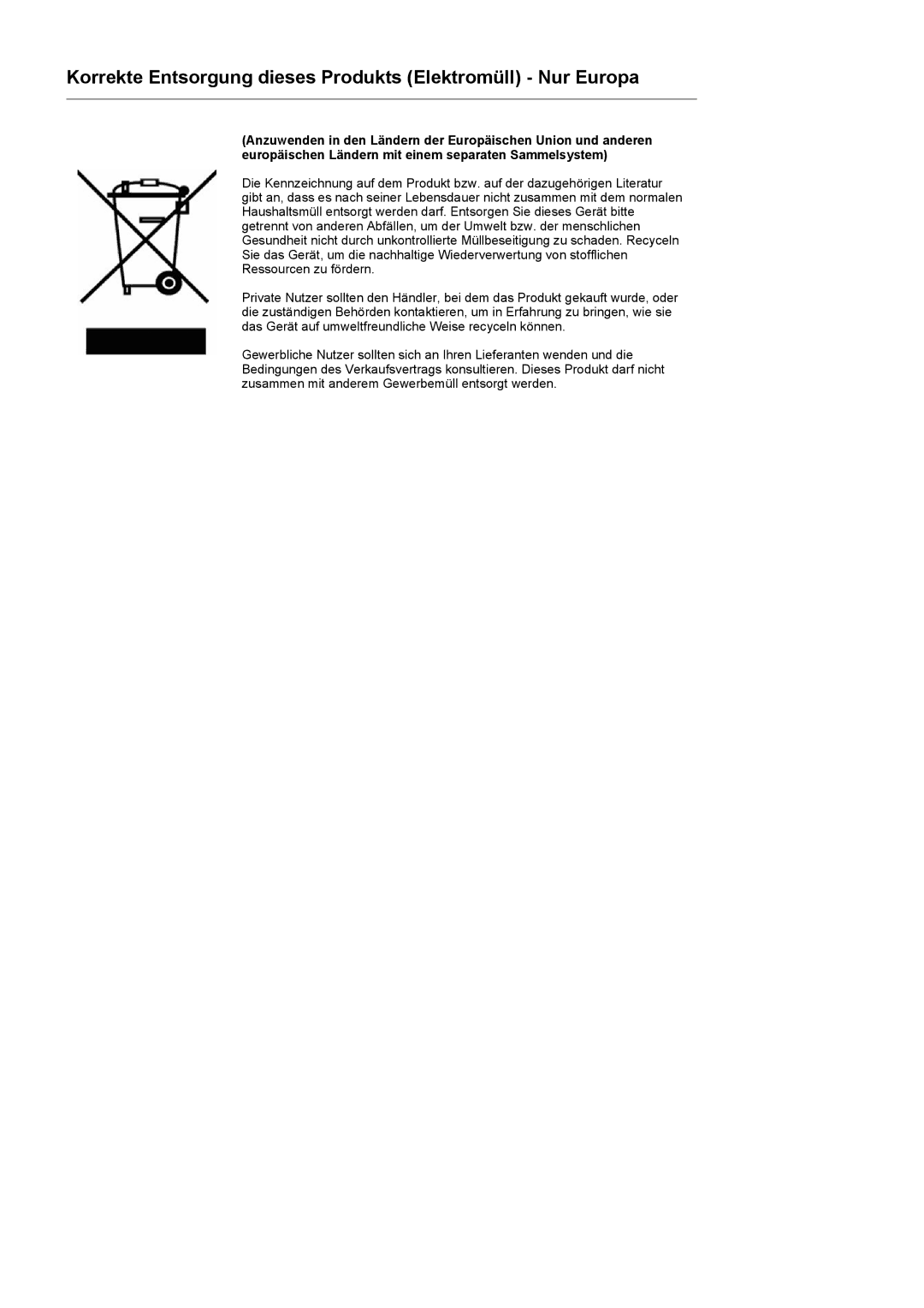 Samsung LS17MJLKS/EDC manual Korrekte Entsorgung dieses Produkts Elektromüll Nur Europa 