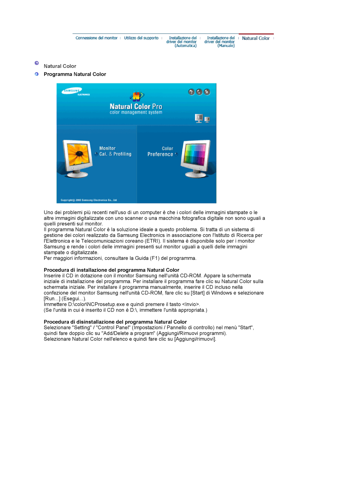 Samsung LS17MJLKS/EDC manual Programma Natural Color, Procedura di installazione del programma Natural Color 