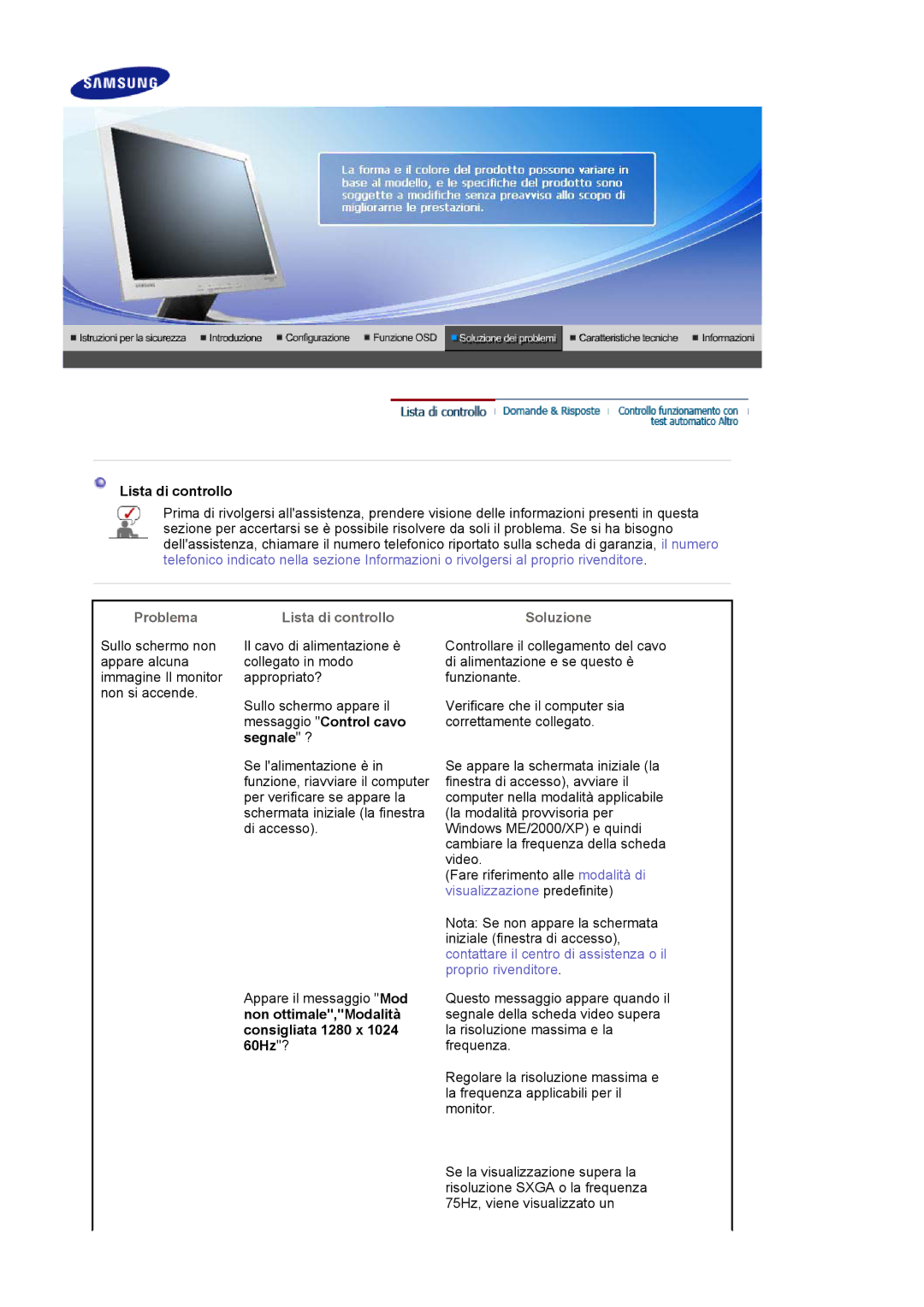 Samsung LS17MJLKS/EDC manual Problema Lista di controllo, Messaggio Control cavo, Segnale ?, Soluzione 