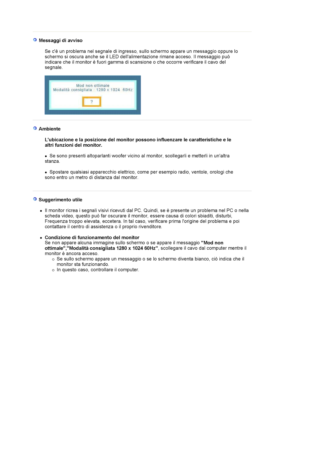 Samsung LS17MJLKS/EDC manual Messaggi di avviso, Suggerimento utile, Condizione di funzionamento del monitor 