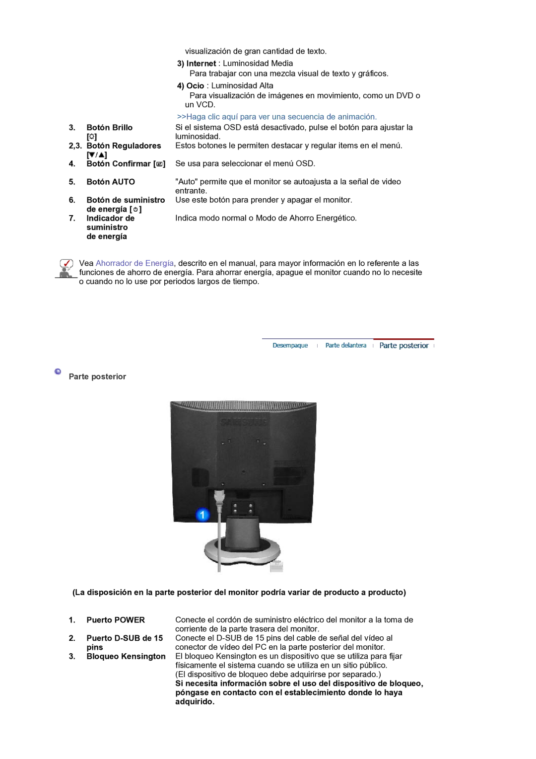 Samsung LS17MJLKS/EDC manual Parte posterior 