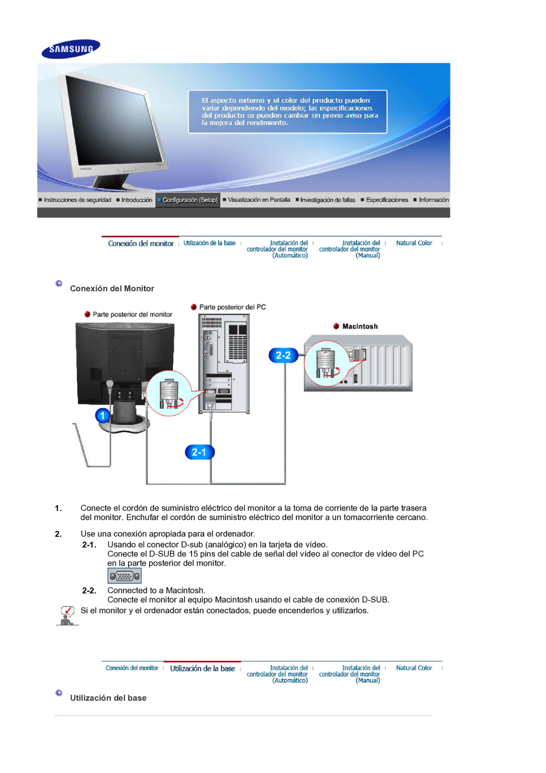 Samsung LS17MJLKS/EDC manual Conexión del Monitor, Utilización del base 