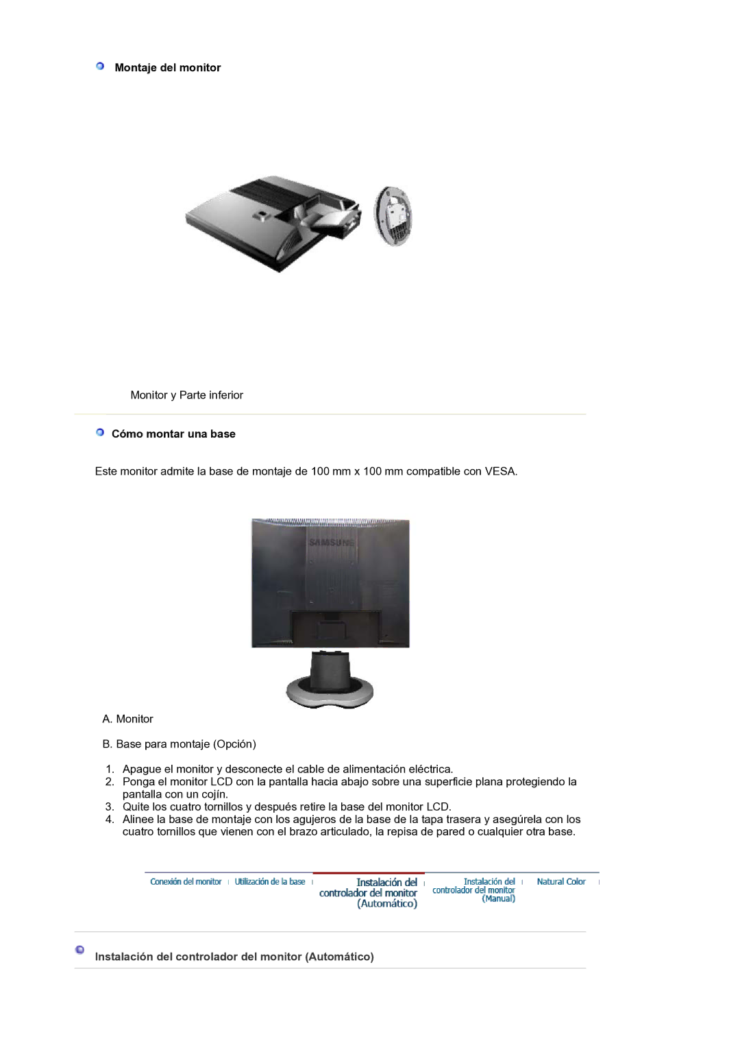 Samsung LS17MJLKS/EDC manual Montaje del monitor, Cómo montar una base, Instalación del controlador del monitor Automático 