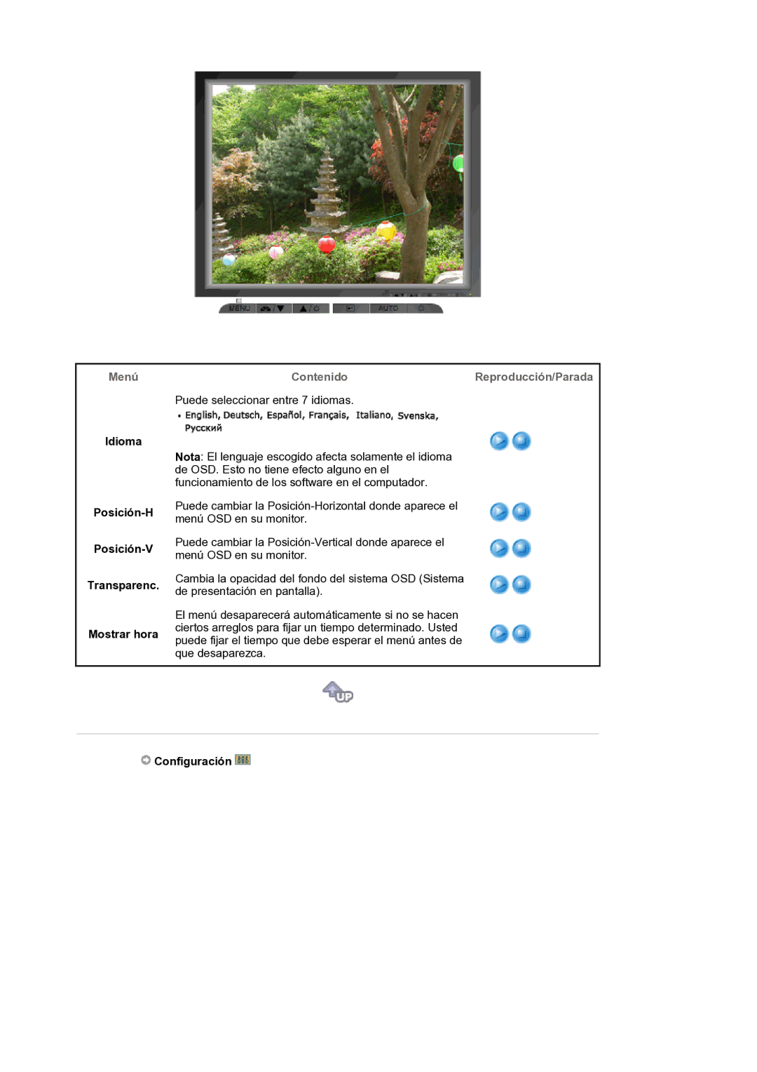 Samsung LS17MJLKS/EDC manual Idioma Posición-H Posición-V Transparenc Mostrar hora, Configuración 