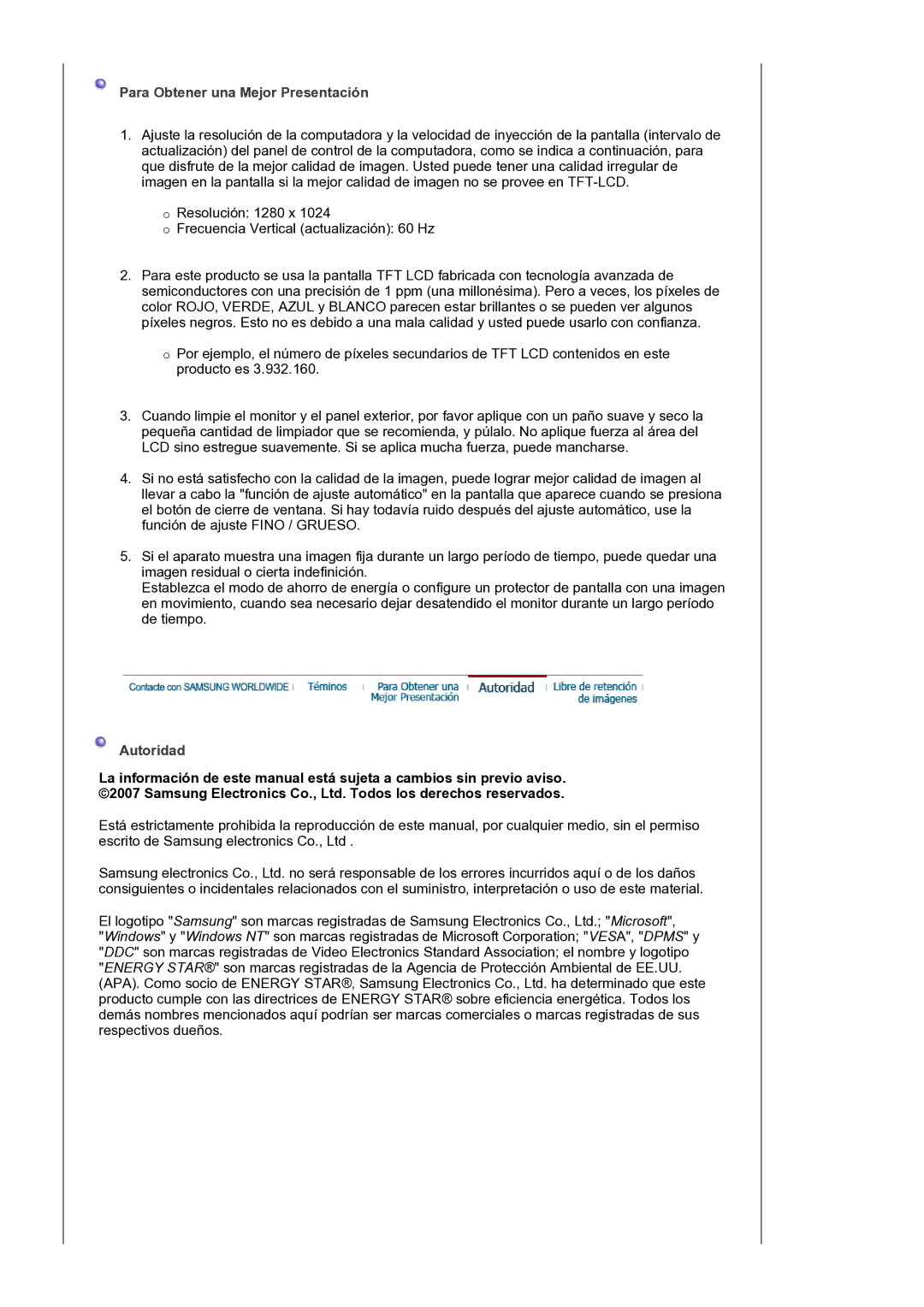 Samsung LS17MJLKS/EDC manual Para Obtener una Mejor Presentación, Autoridad 