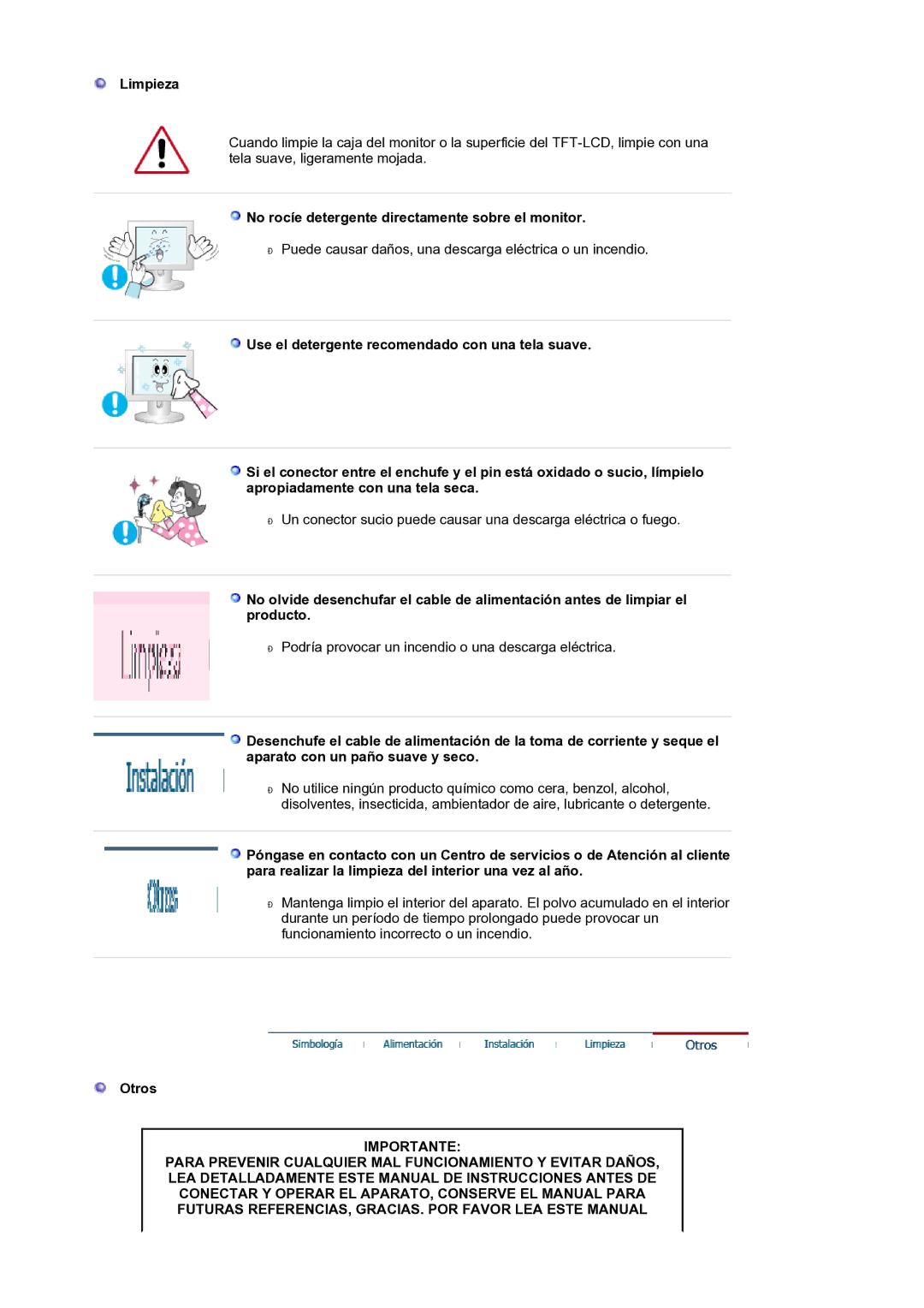 Samsung LS17MJLKS/EDC manual Limpieza, No rocíe detergente directamente sobre el monitor, Otros 