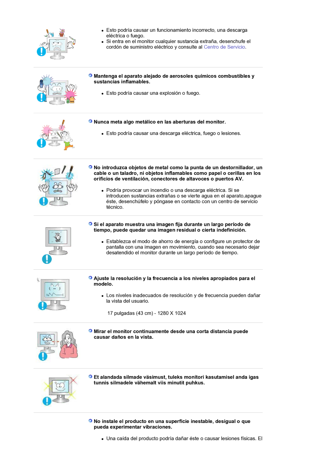 Samsung LS17MJLKS/EDC manual Nunca meta algo metálico en las aberturas del monitor 