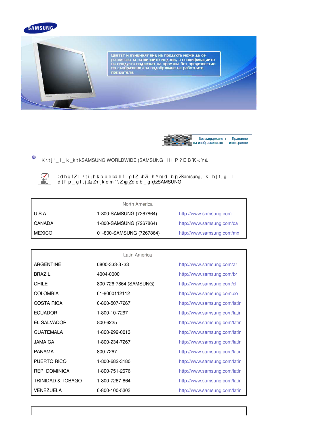 Samsung LS17MJLKS/EDC manual Свържете се със Samsung Worldwide Samsung ПО Целия Свят, North America, Latin America 