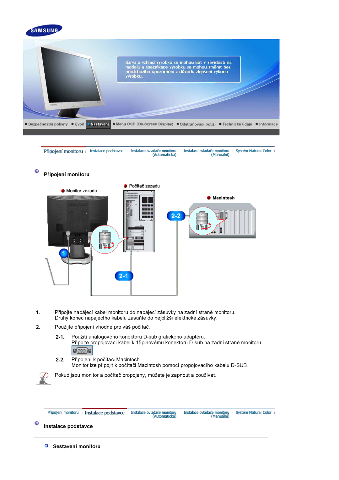 Samsung LS17MJLKS/EDC manual Připojení monitoru, Instalace podstavce Sestavení monitoru 