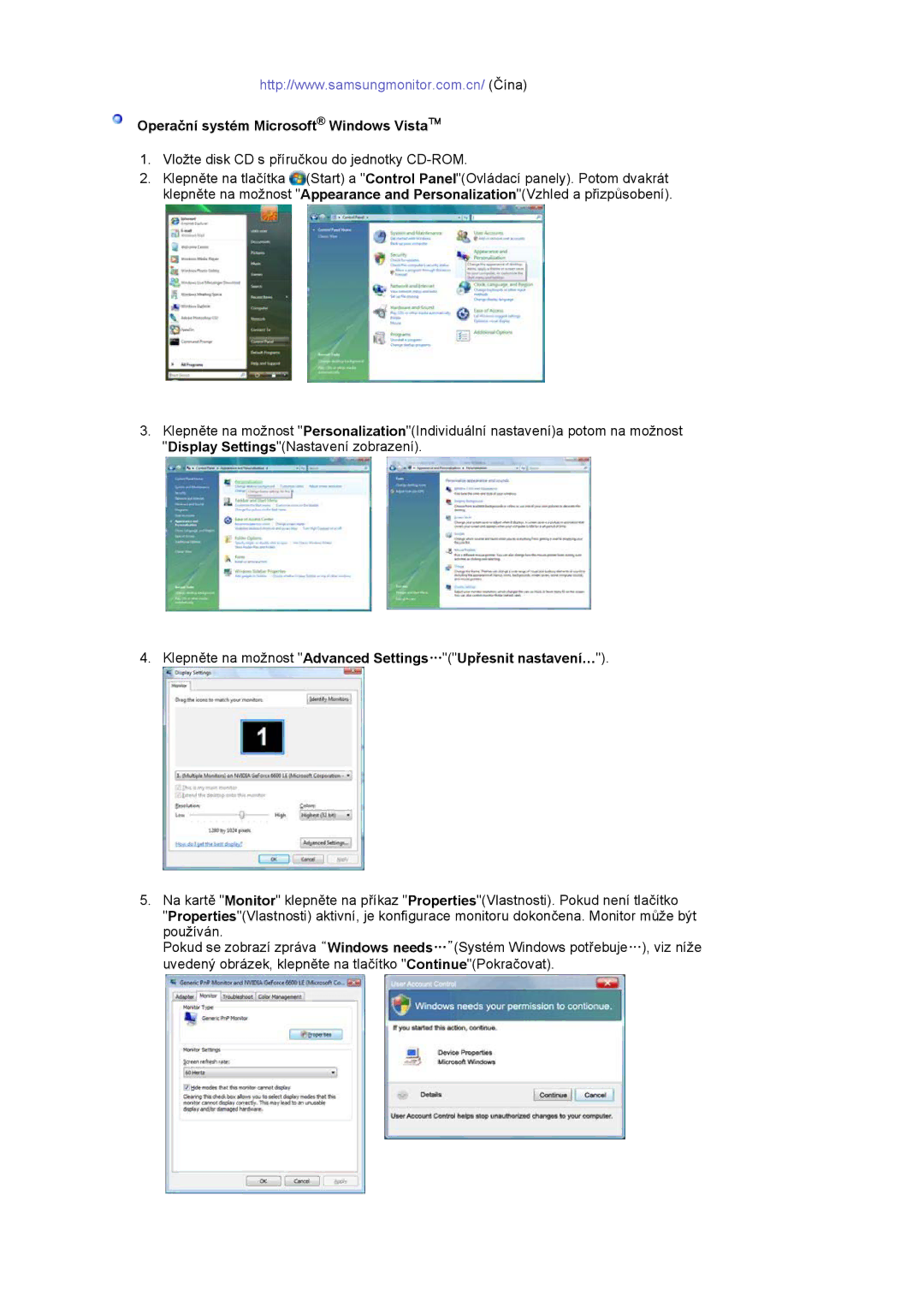 Samsung LS17MJLKS/EDC Operační systém Microsoft Windows Vista, Klepněte na možnost Advanced Settings…Upřesnit nastavení… 