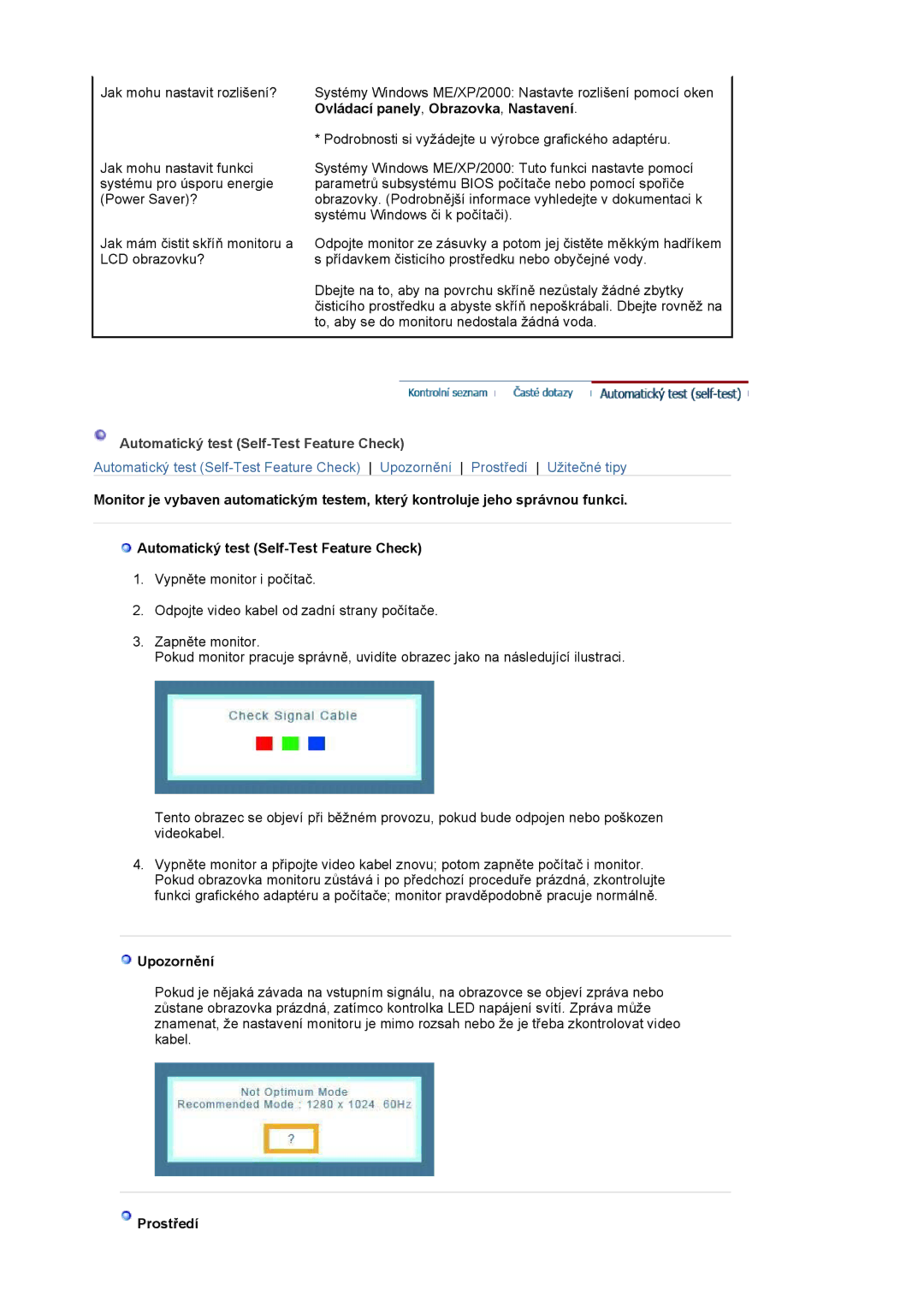 Samsung LS17MJLKS/EDC manual Automatický test Self-Test Feature Check, Upozornění, Prostředí 