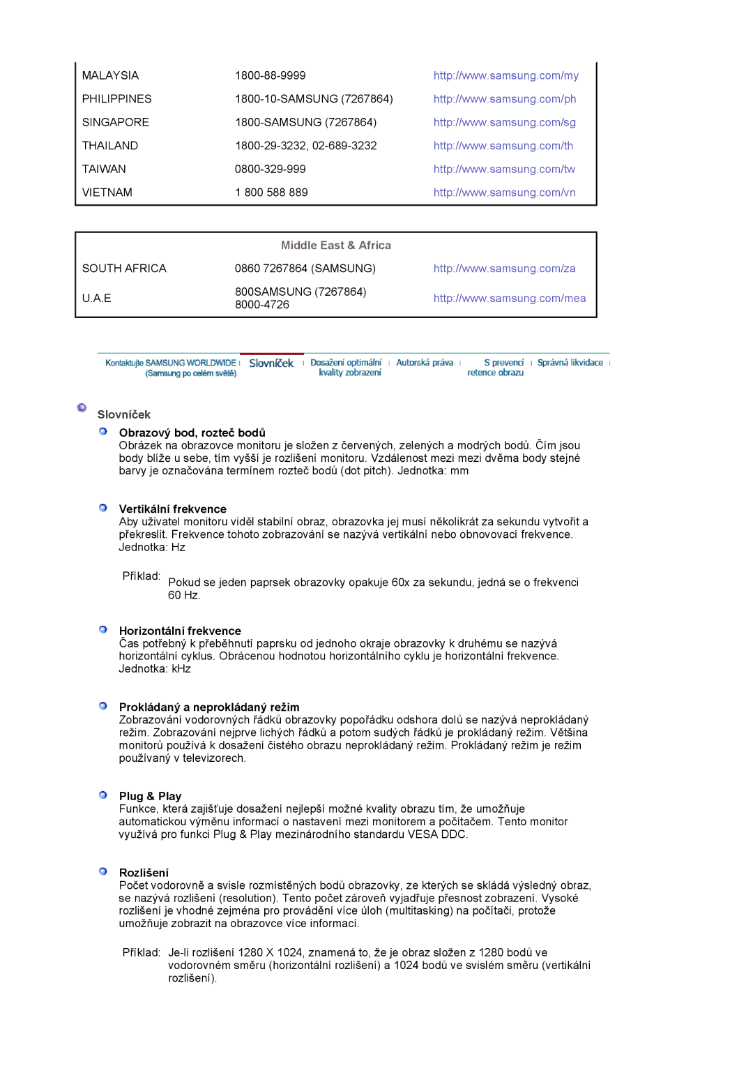 Samsung LS17MJLKS/EDC manual Middle East & Africa, Slovníček 