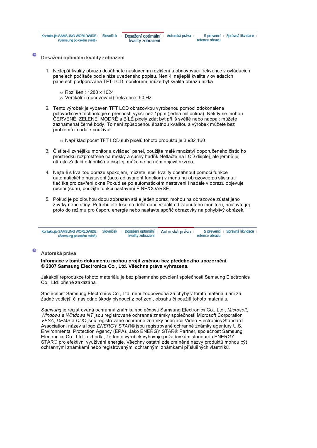 Samsung LS17MJLKS/EDC manual Dosažení optimální kvality zobrazení, Autorská práva 