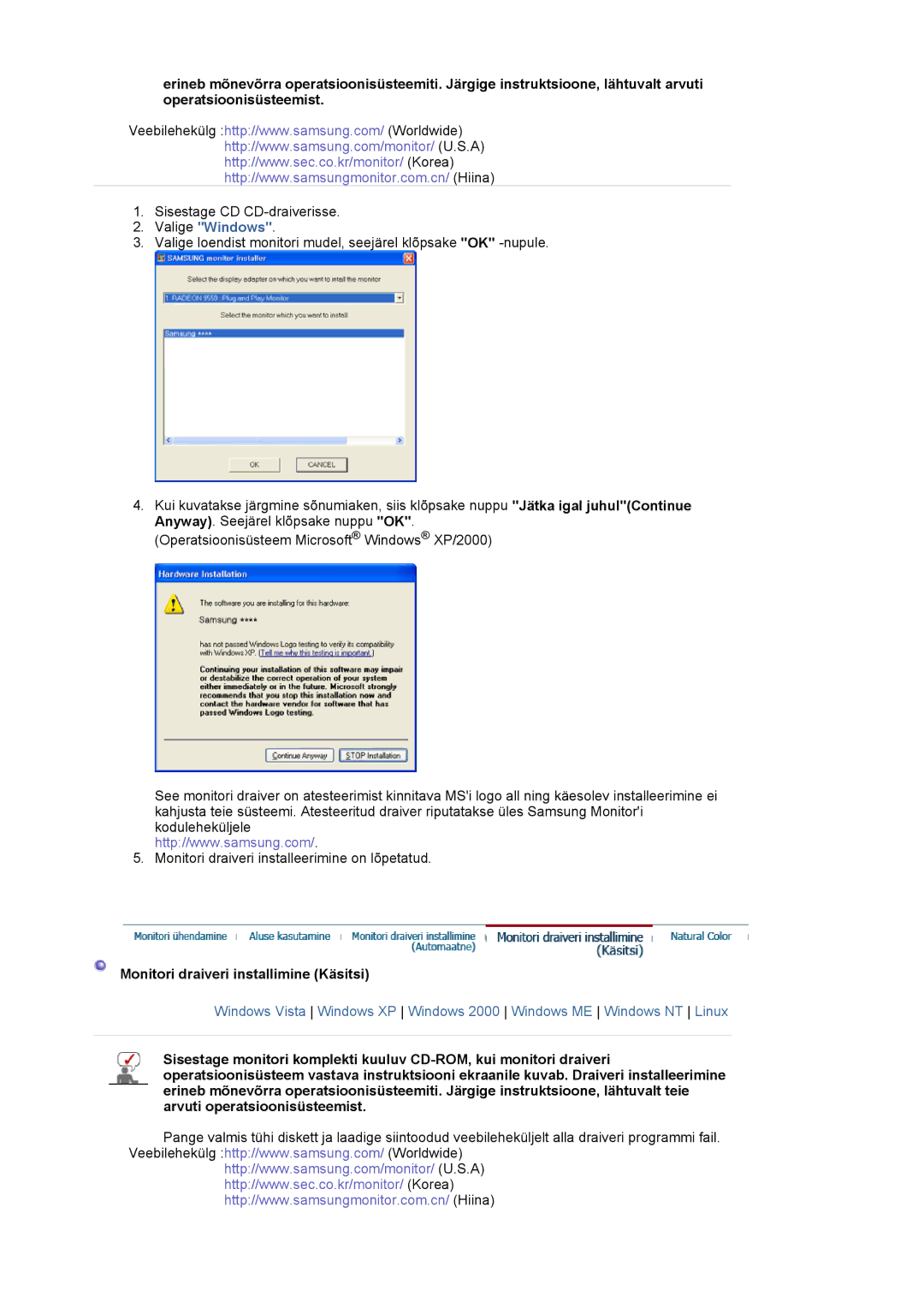 Samsung LS17MJLKS/EDC manual Valige Windows, Monitori draiveri installimine Käsitsi 