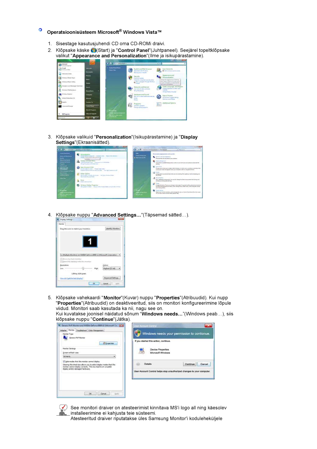 Samsung LS17MJLKS/EDC manual Operatsioonisüsteem Microsoft Windows Vista, Sisestage kasutusjuhendi CD oma CD-ROMi draivi 