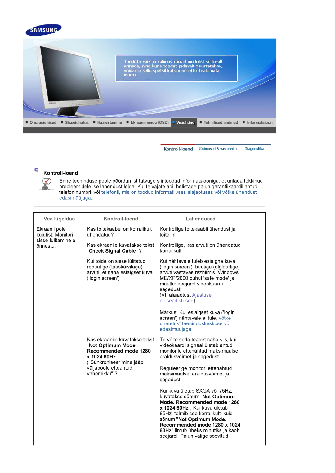 Samsung LS17MJLKS/EDC manual Vea kirjeldus Kontroll-loend, Check Signal Cable ?, Lahendused 