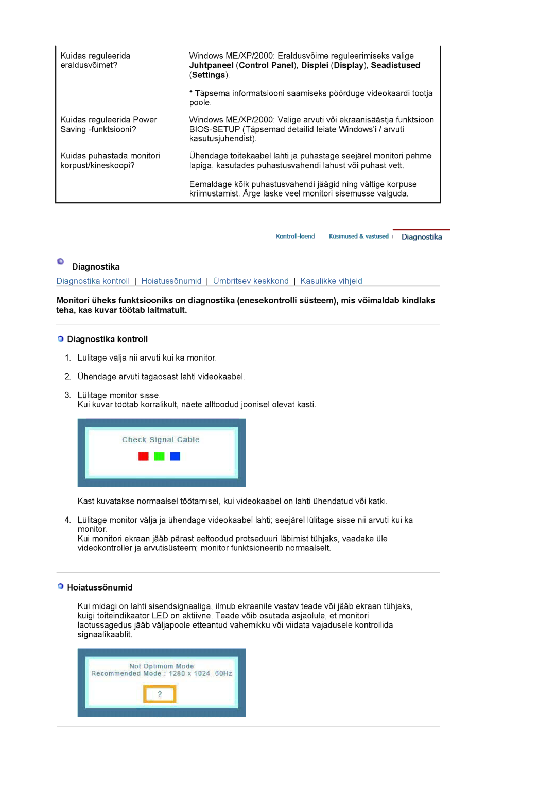 Samsung LS17MJLKS/EDC Juhtpaneel Control Panel , Displei Display , Seadistused, Settings, Diagnostika, Hoiatussõnumid 