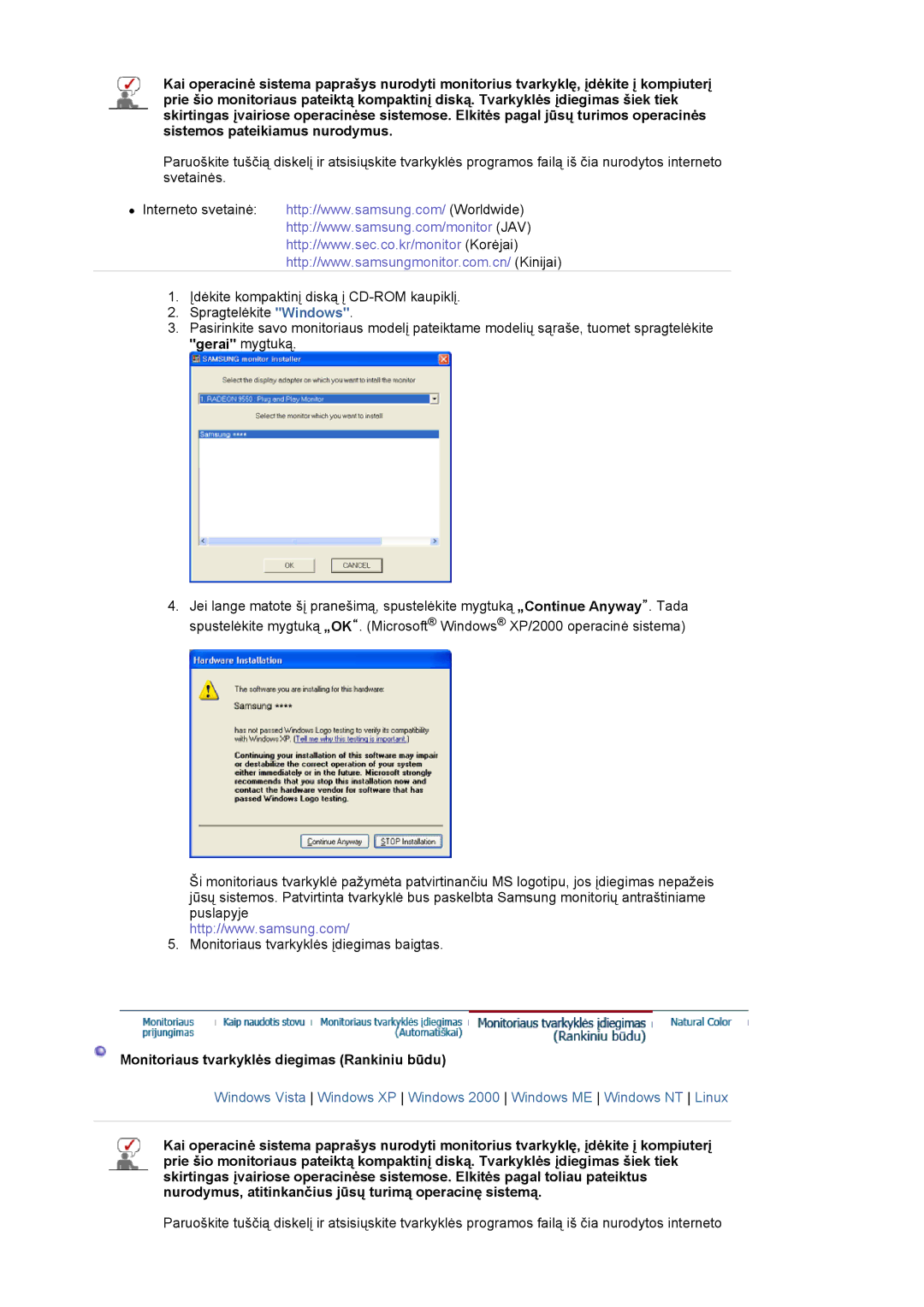 Samsung LS17MJLKS/EDC manual Monitoriaus tvarkyklės diegimas Rankiniu būdu 