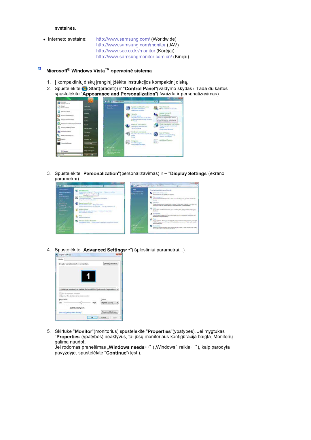 Samsung LS17MJLKS/EDC manual Microsoft Windows Vista operacinė sistema 