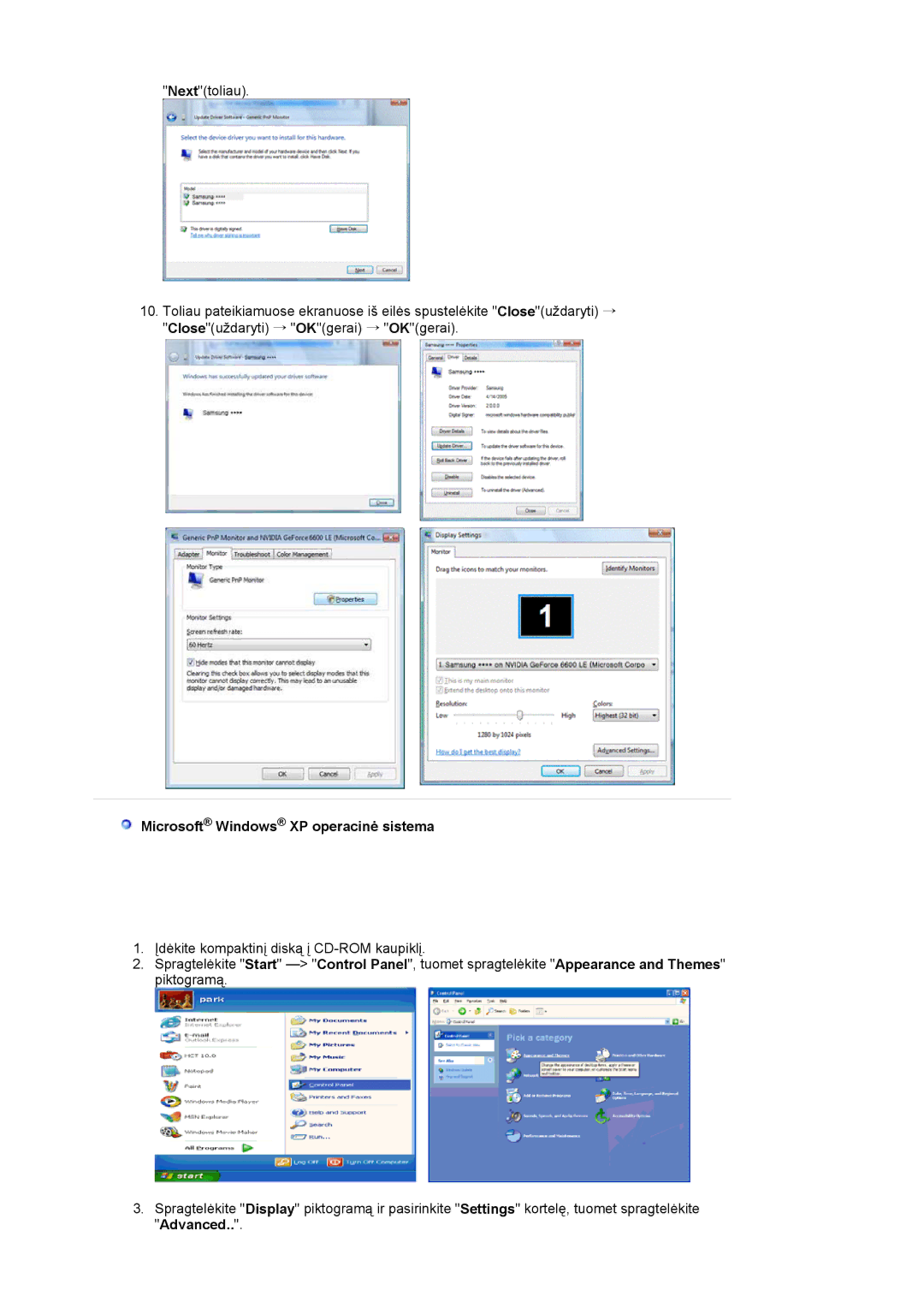 Samsung LS17MJLKS/EDC manual Microsoft Windows XP operacinė sistema 