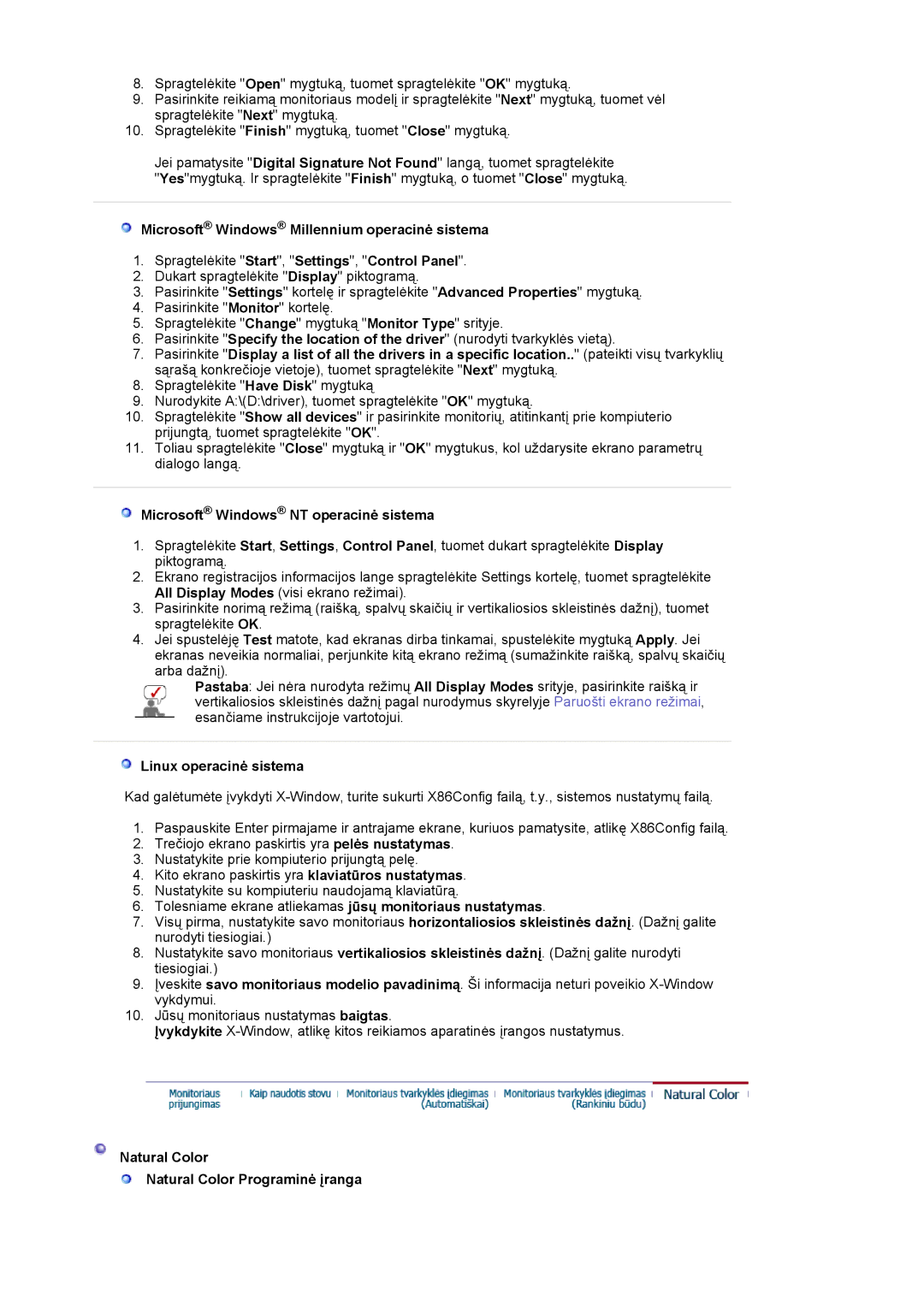 Samsung LS17MJLKS/EDC manual Microsoft Windows NT operacinė sistema, Linux operacinė sistema 