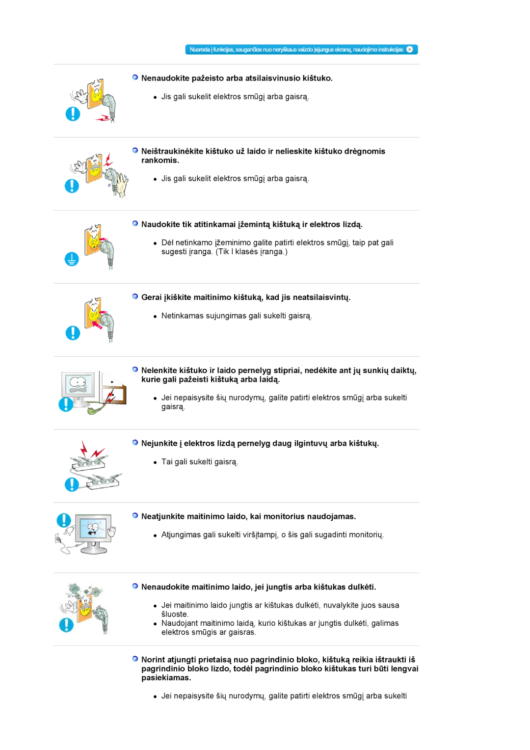 Samsung LS17MJLKS/EDC manual Nenaudokite pažeisto arba atsilaisvinusio kištuko 