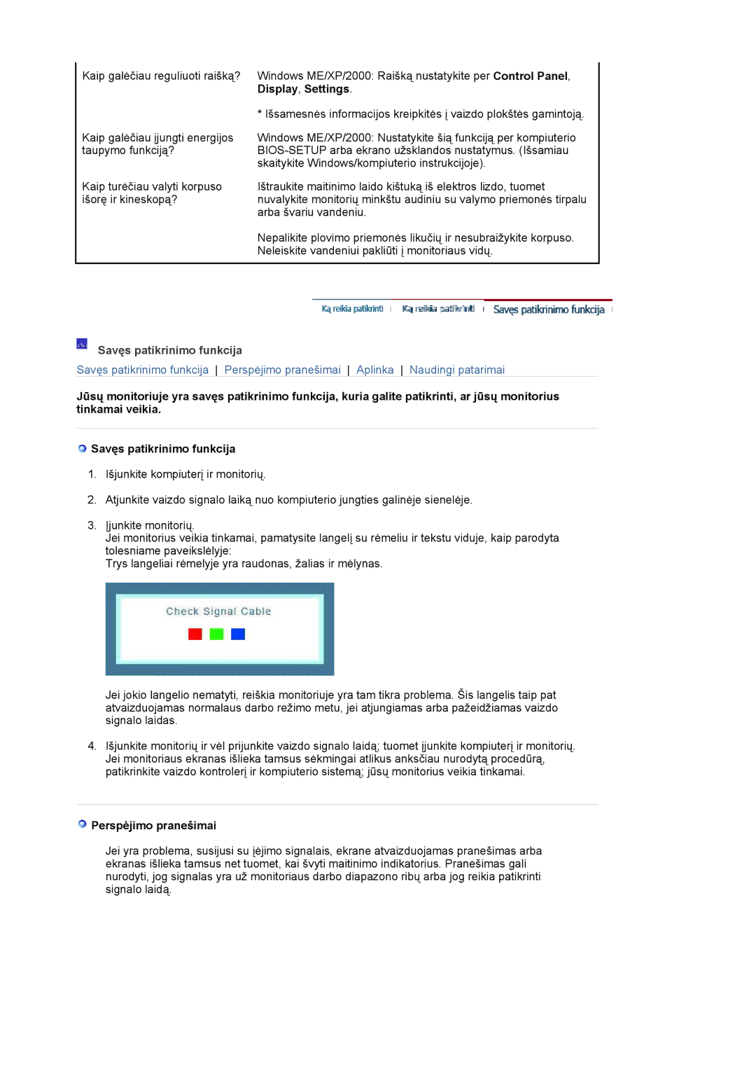 Samsung LS17MJLKS/EDC manual Display , Settings, Savęs patikrinimo funkcija, Perspėjimo pranešimai 