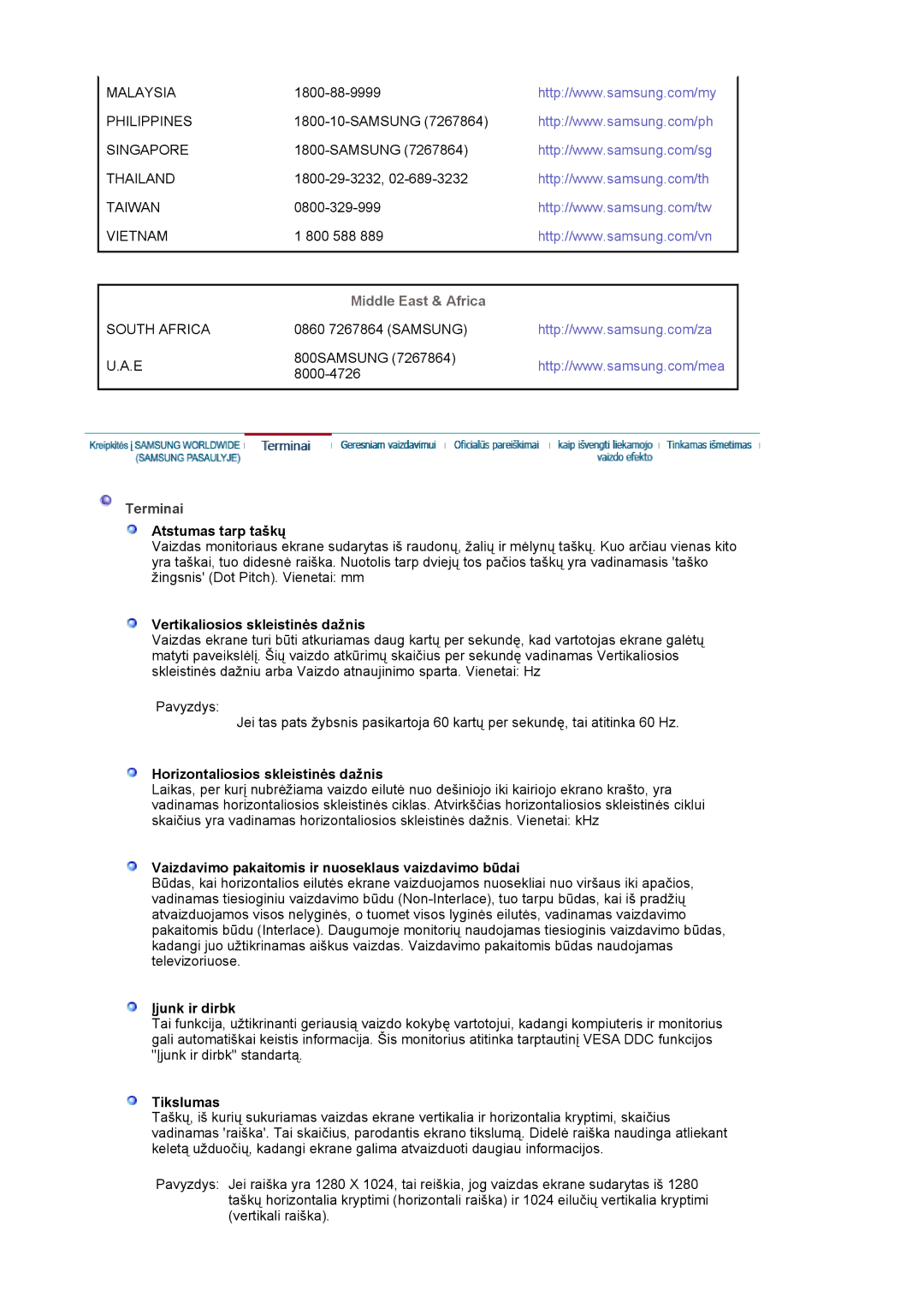 Samsung LS17MJLKS/EDC manual Middle East & Africa, Terminai 