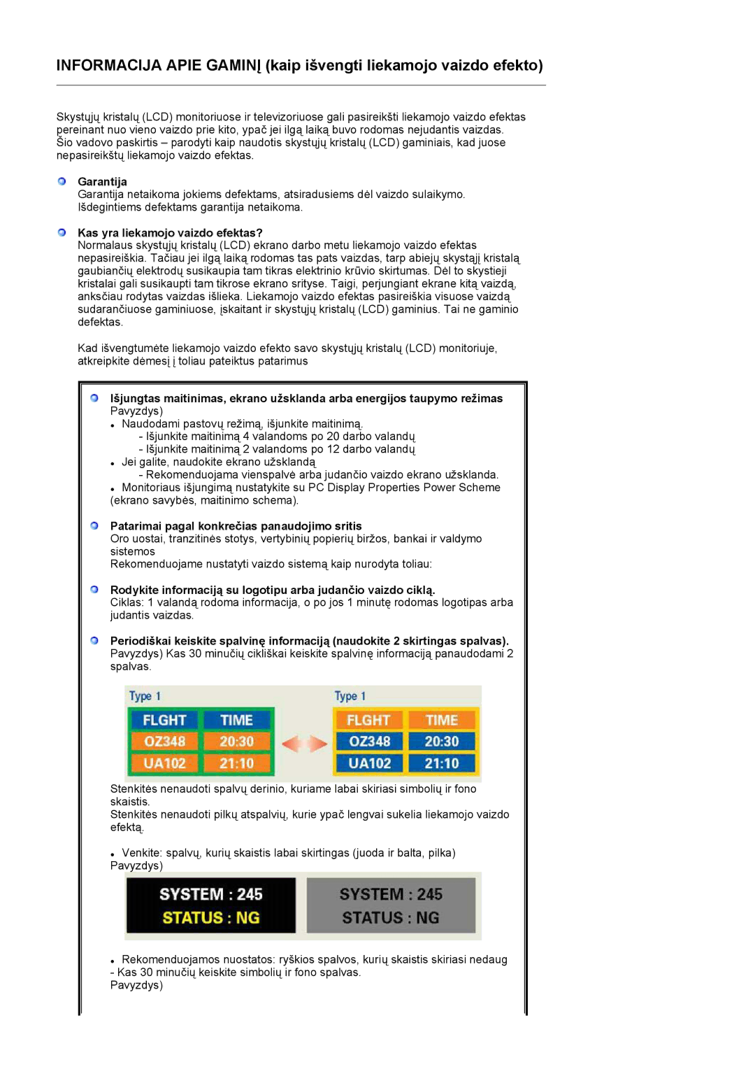 Samsung LS17MJLKS/EDC manual Garantija, Kas yra liekamojo vaizdo efektas?, Patarimai pagal konkrečias panaudojimo sritis 