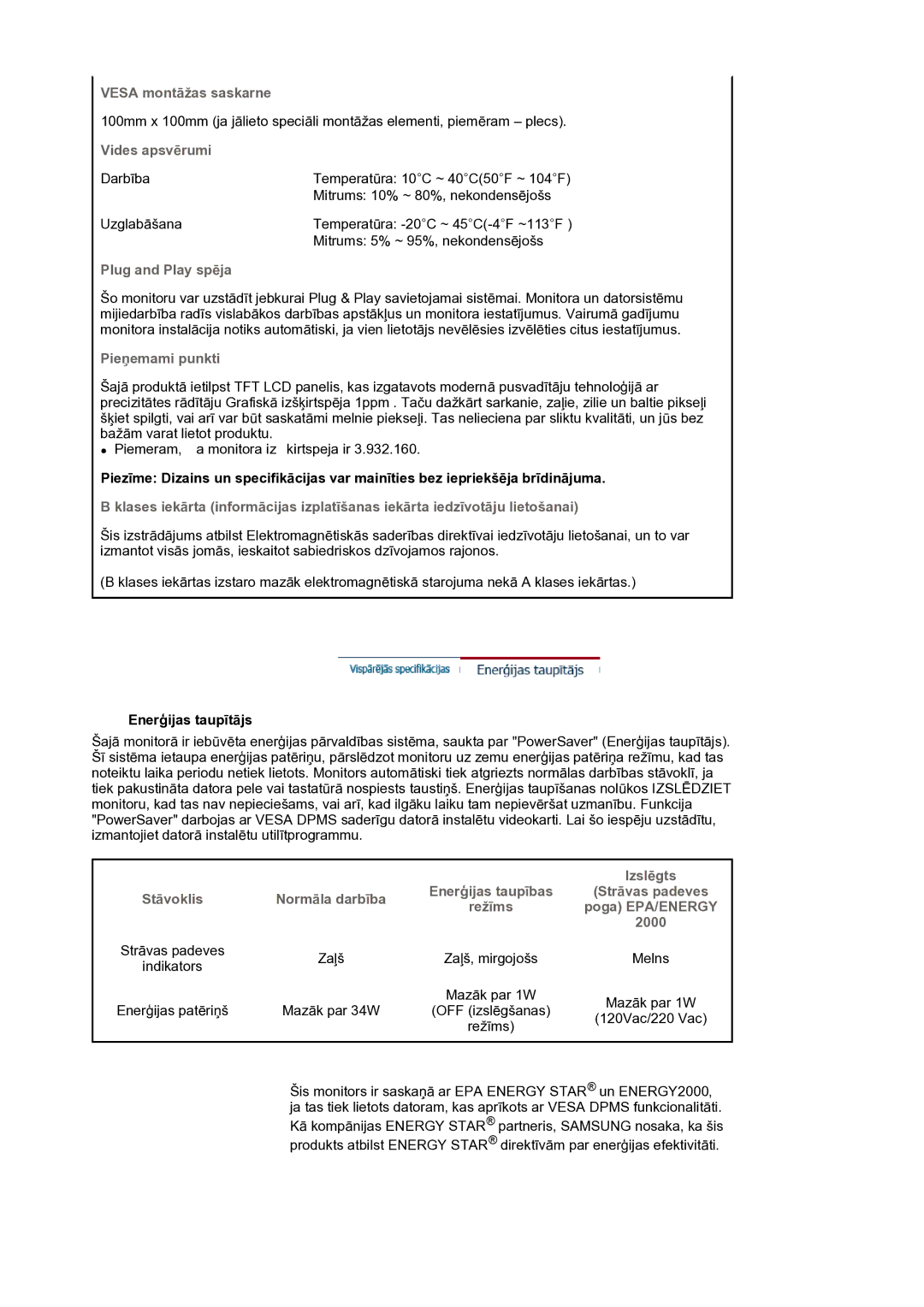 Samsung LS17MJLKS/EDC manual Vesa montāžas saskarne, Vides apsvērumi, Plug and Play spēja, Pieņemami punkti, Izslēgts 