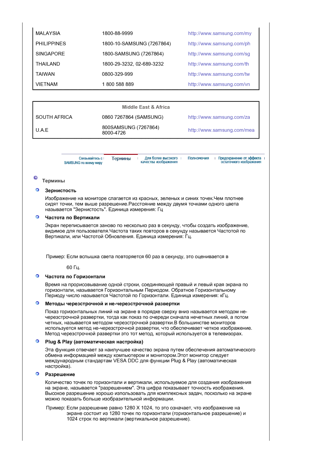 Samsung LS17MJLKS/EDC manual Middle East & Africa, Термины 