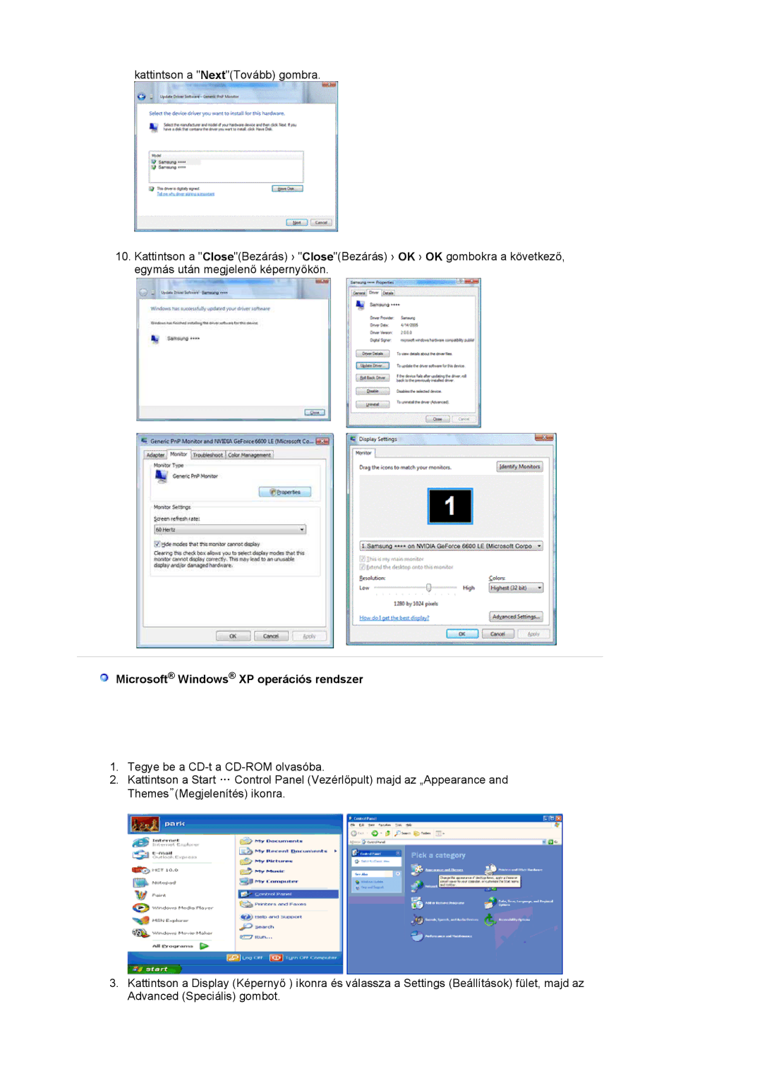 Samsung LS17MJLKS/EDC manual Microsoft Windows XP operációs rendszer 