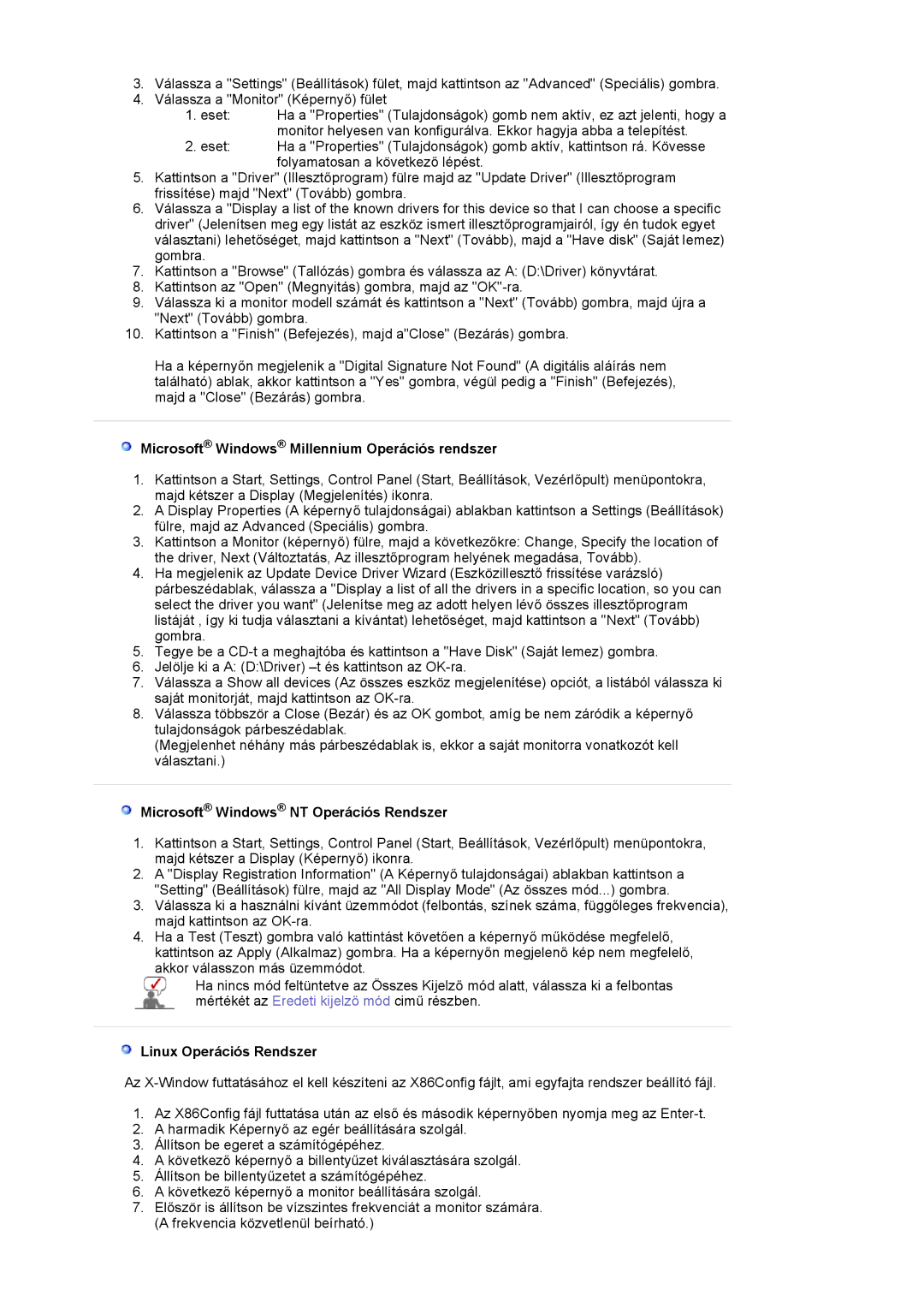 Samsung LS17MJLKS/EDC manual Microsoft Windows Millennium Operációs rendszer, Microsoft Windows NT Operációs Rendszer 