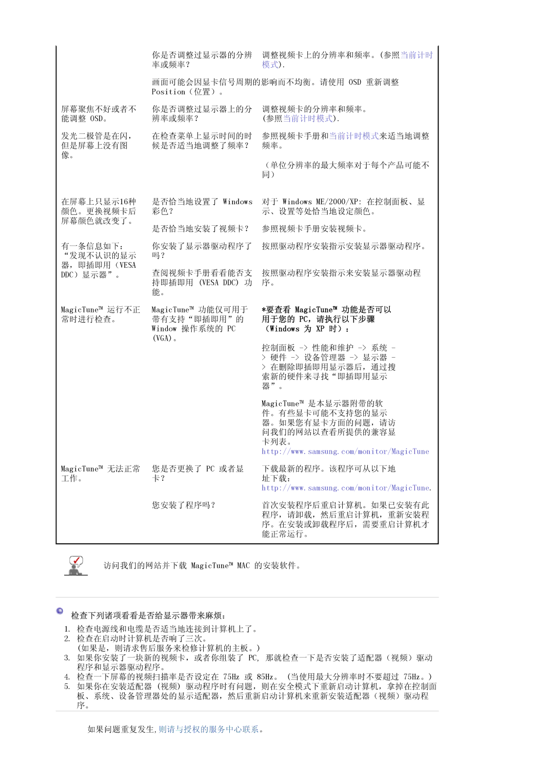 Samsung LS17MJLKS/EDC manual 要查看 MagicTune 功能是否可以, 用于您的 Pc，请执行以下步骤, （Windows 为 XP 时）：, 检查下列诸项看看是否给显示器带来麻烦： 