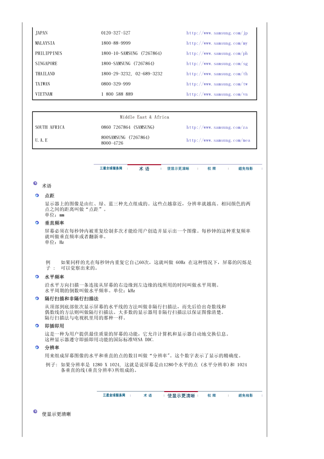 Samsung LS17MJLKS/EDC manual Middle East & Africa, 使显示更清晰 