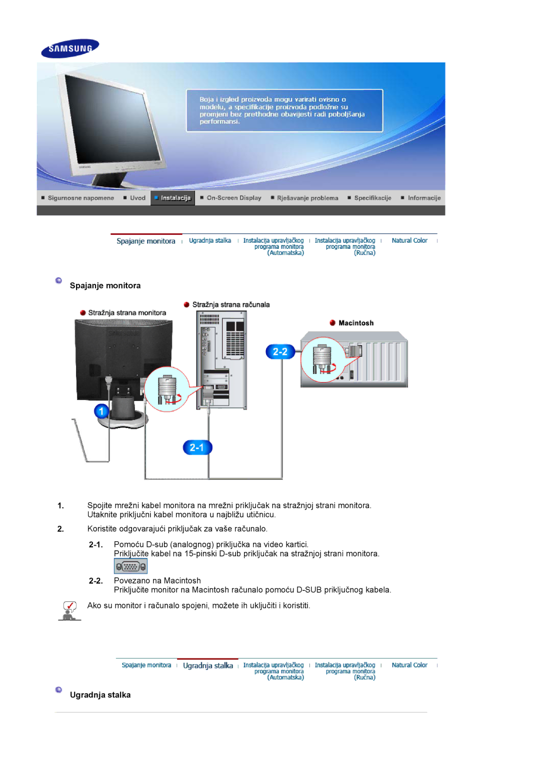 Samsung LS17MJLKS/EDC manual Spajanje monitora, Ugradnja stalka 