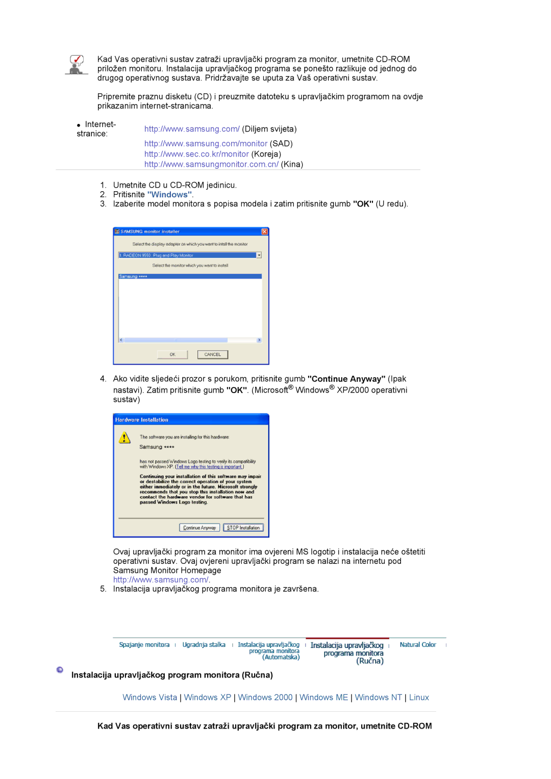 Samsung LS17MJLKS/EDC manual Instalacija upravljačkog program monitora Ručna 