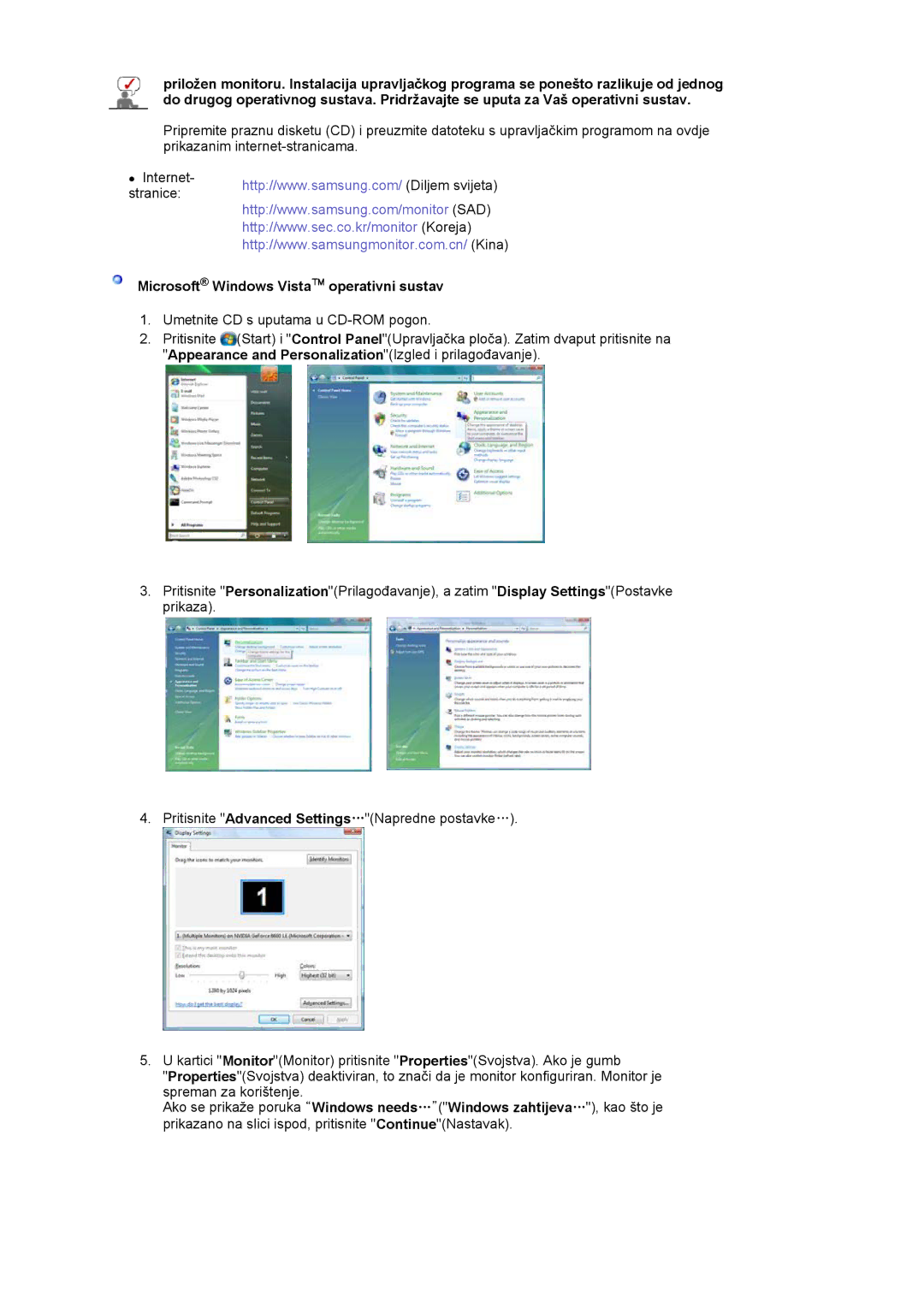 Samsung LS17MJLKS/EDC manual Microsoft Windows Vista operativni sustav 