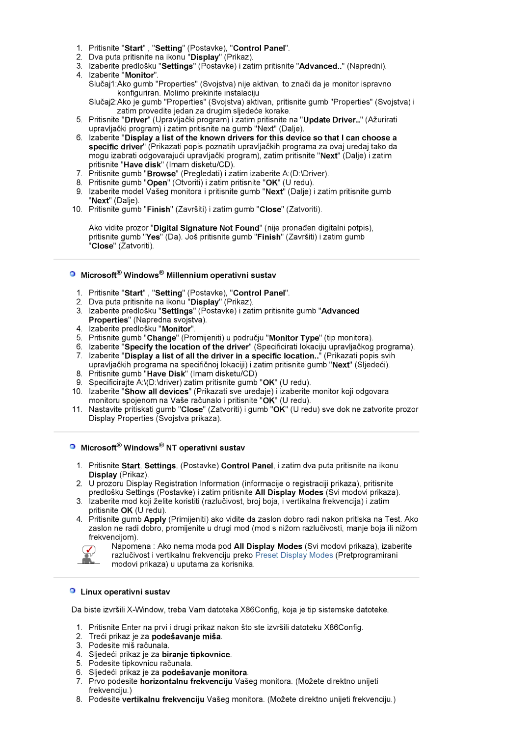 Samsung LS17MJLKS/EDC manual Microsoft Windows Millennium operativni sustav, Microsoft Windows NT operativni sustav 