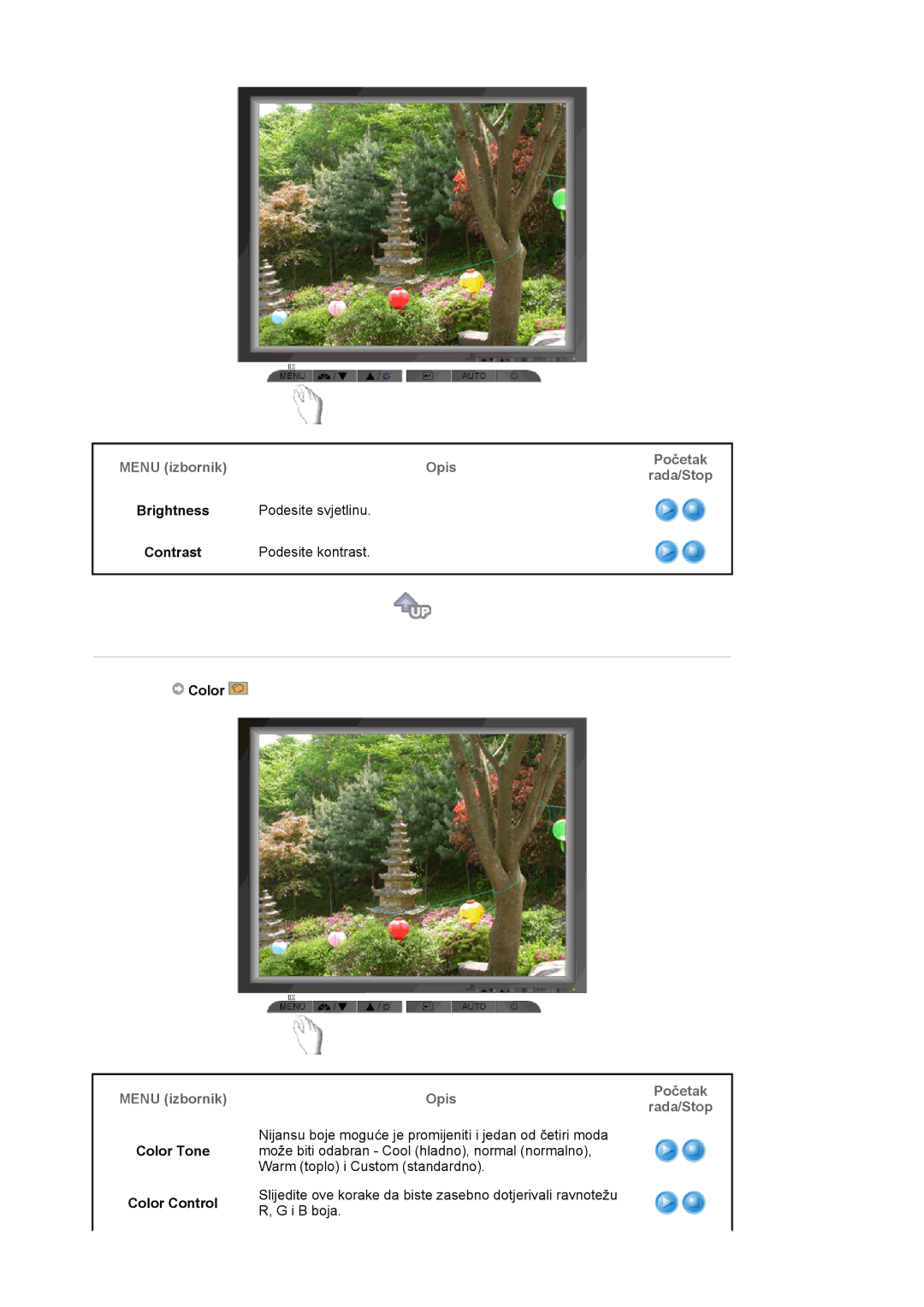 Samsung LS17MJLKS/EDC Rada/Stop, Brightness Podesite svjetlinu Contrast Podesite kontrast, Color Tone Color Control 