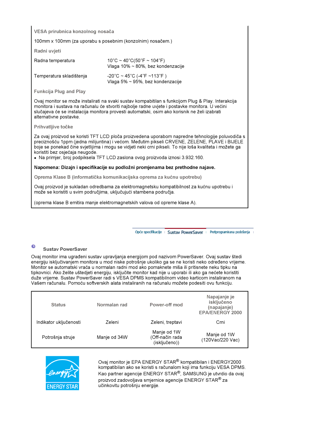 Samsung LS17MJLKS/EDC manual Vesa prirubnica konzolnog nosača, Radni uvjeti, Funkcija Plug and Play, Prihvatljive točke 