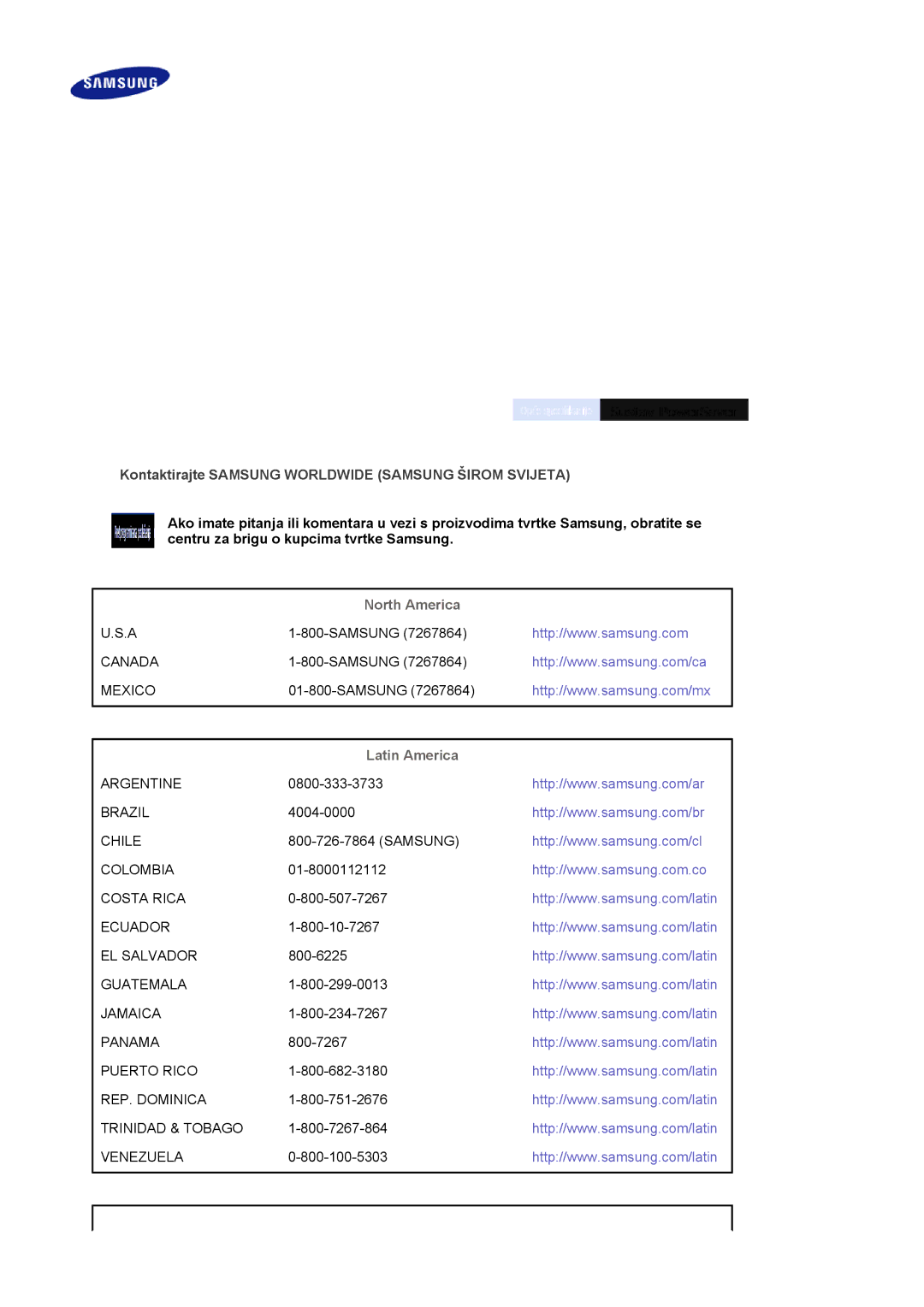 Samsung LS17MJLKS/EDC manual Kontaktirajte Samsung Worldwide Samsung Širom Svijeta, North America, Latin America 