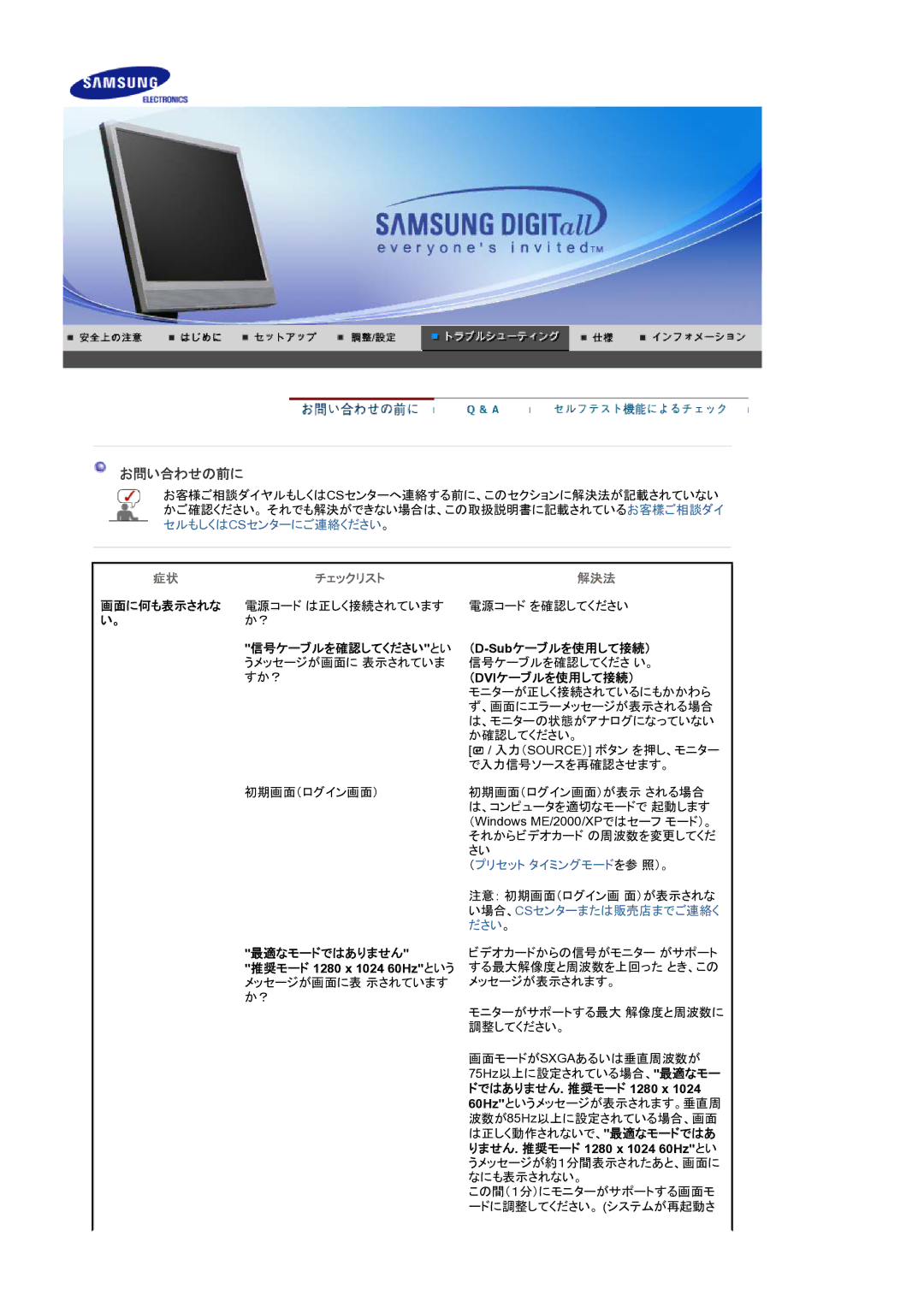 Samsung LS17MJSKNZ/XSJ manual お問い合わせの前に, 画面に何も表示されな, 信号ケーブルを確認してくださいとい （D-Subケーブルを使用して接続）, （Dviケーブルを使用して接続）, 最適なモードではありません 