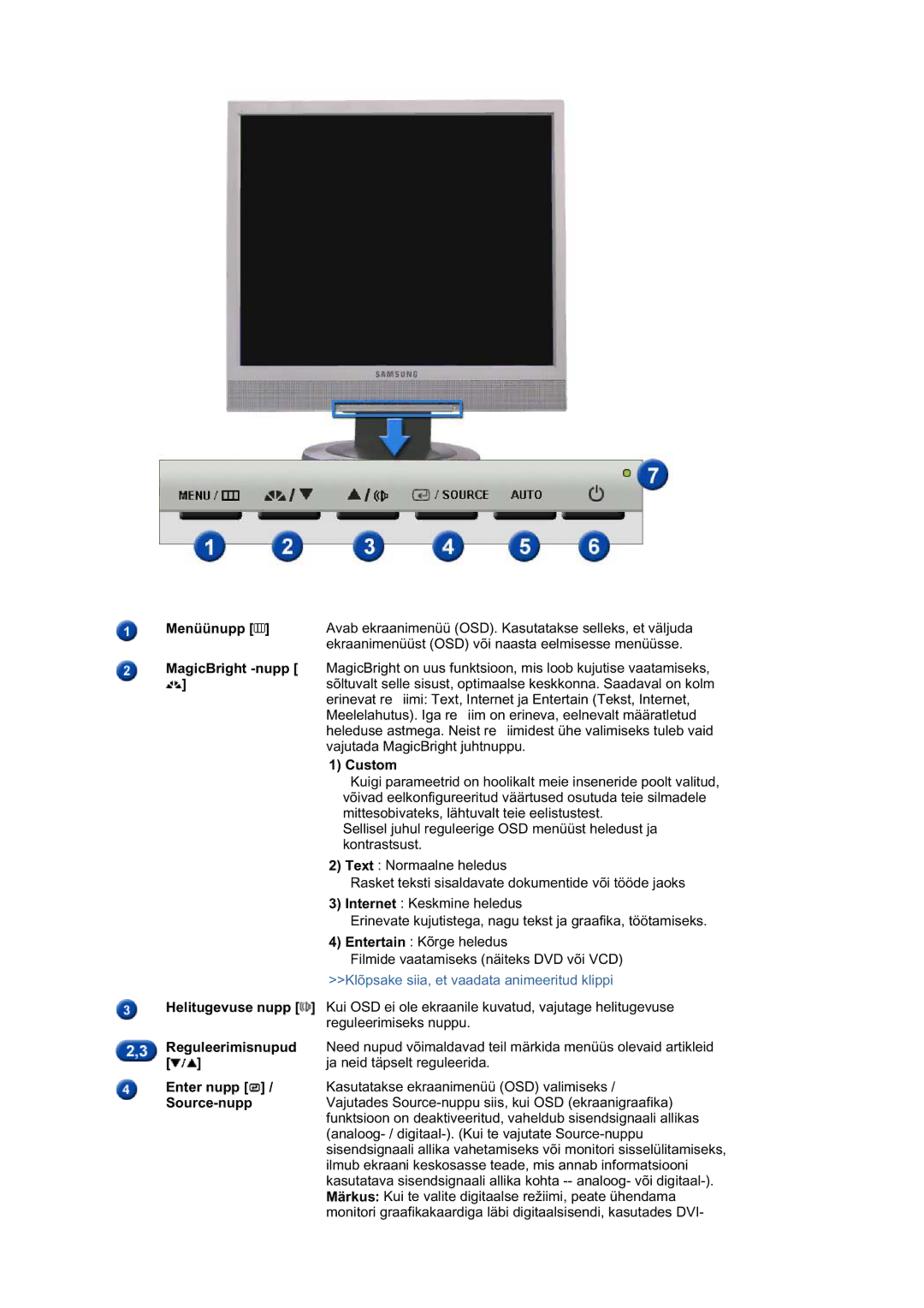 Samsung LS17MJSKSZ/EDC, LS17MJSKS/EDC manual Menüünupp 