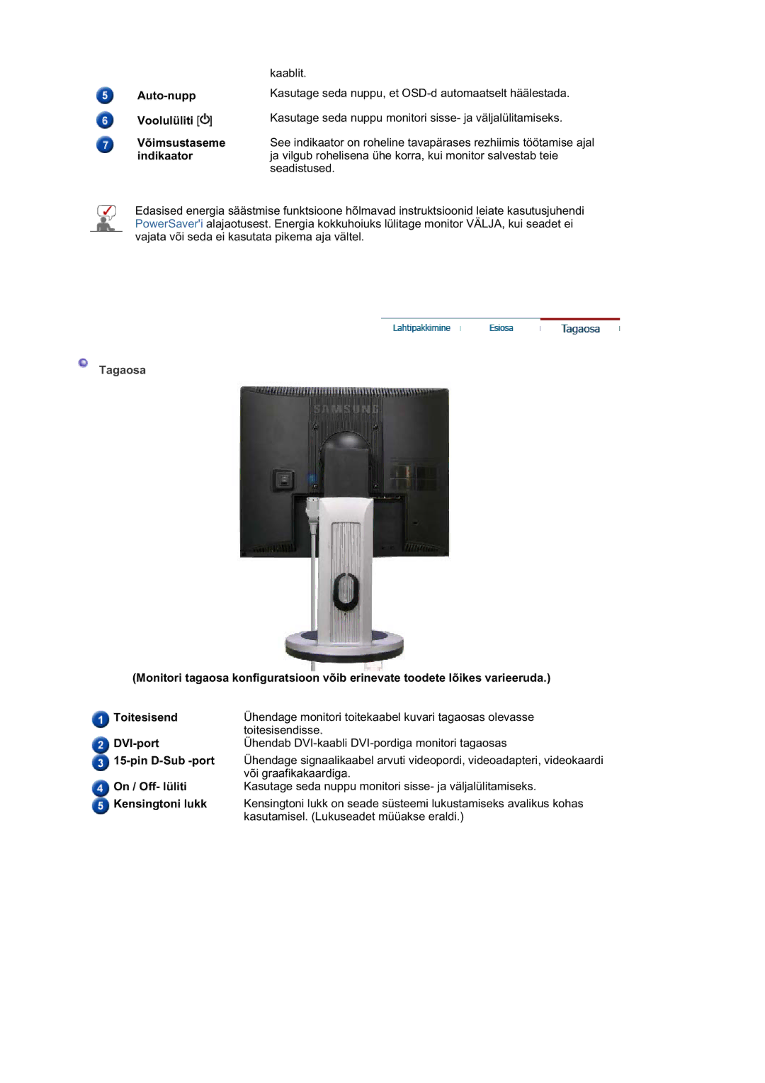 Samsung LS17MJSKS/EDC, LS17MJSKSZ/EDC manual Ühendage monitori toitekaabel kuvari tagaosas olevasse 