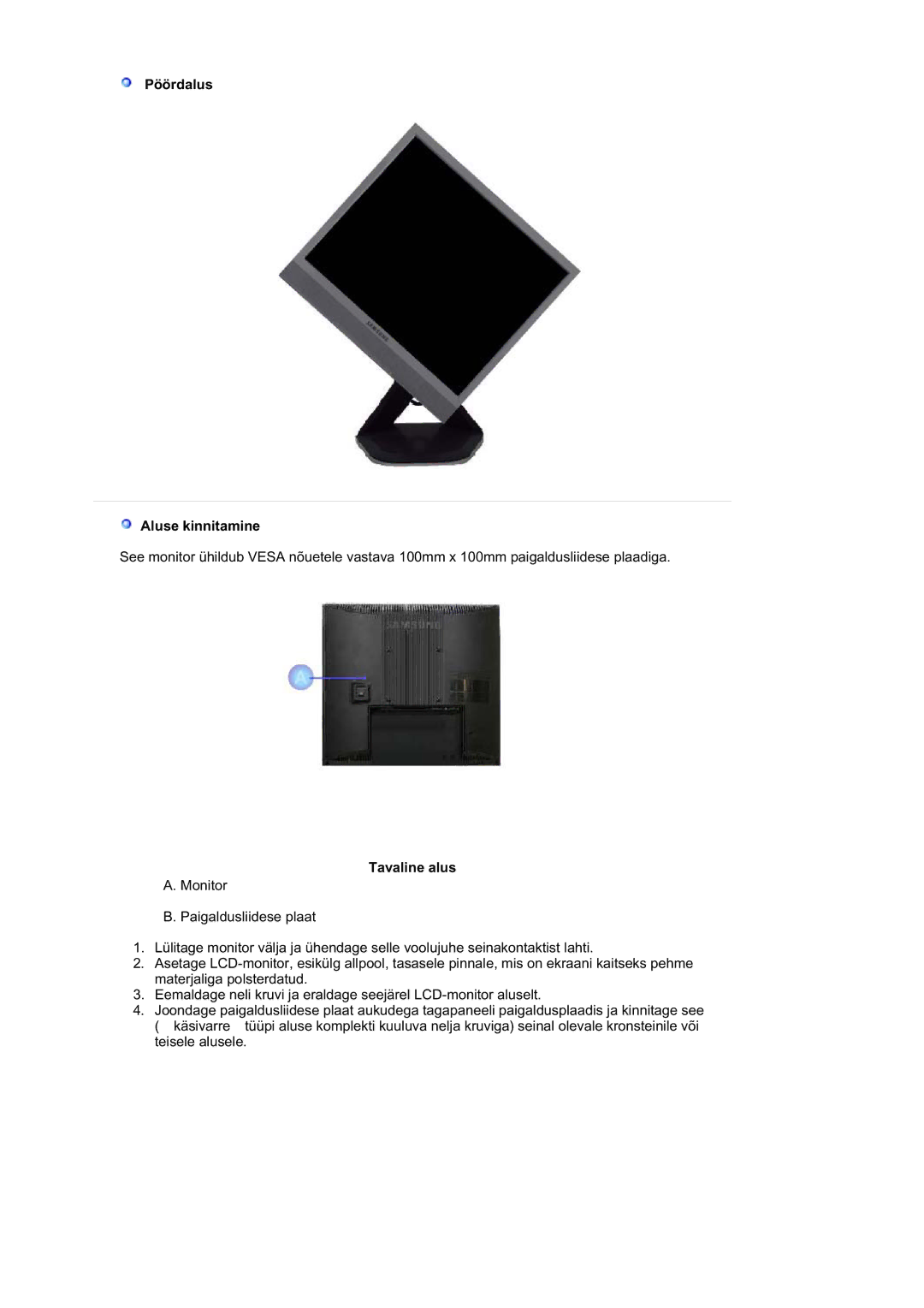 Samsung LS17MJSKSZ/EDC, LS17MJSKS/EDC manual Pöördalus Aluse kinnitamine, Tavaline alus 