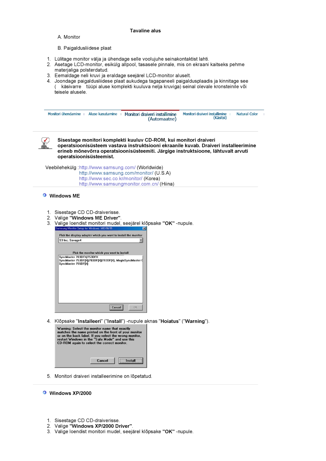 Samsung LS17MJSKSZ/EDC, LS17MJSKS/EDC manual Valige Windows ME Driver, Valige Windows XP/2000 Driver 